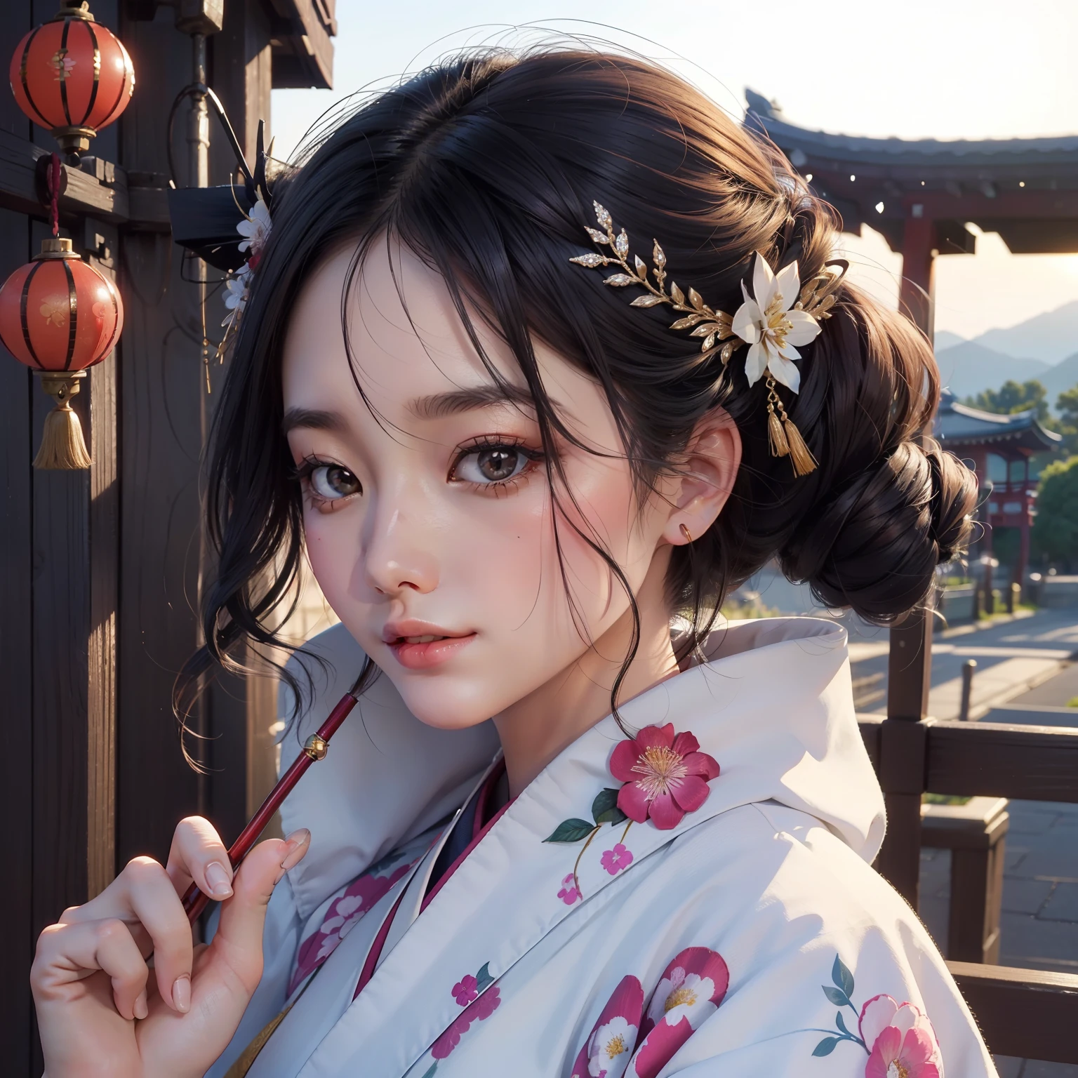 I'm wearing a very beautiful floral kimono、My hair is shiny and black、A very beautiful woman、The eyes are double and long、The bust is a D-cup、A slightly embarrassed expression、High image quality, high quality、Detailed background、The background is a clear sky and the cityscape of Kyoto、I'm wearing a hair ornament on my hair.、Glittering background、The inside of my eyes is shining like a diamond、4 fingers, 1 thumb、High image quality、Detailed woman's face、Smile、Japanese woman (Maiko)、A very beautiful and cute woman