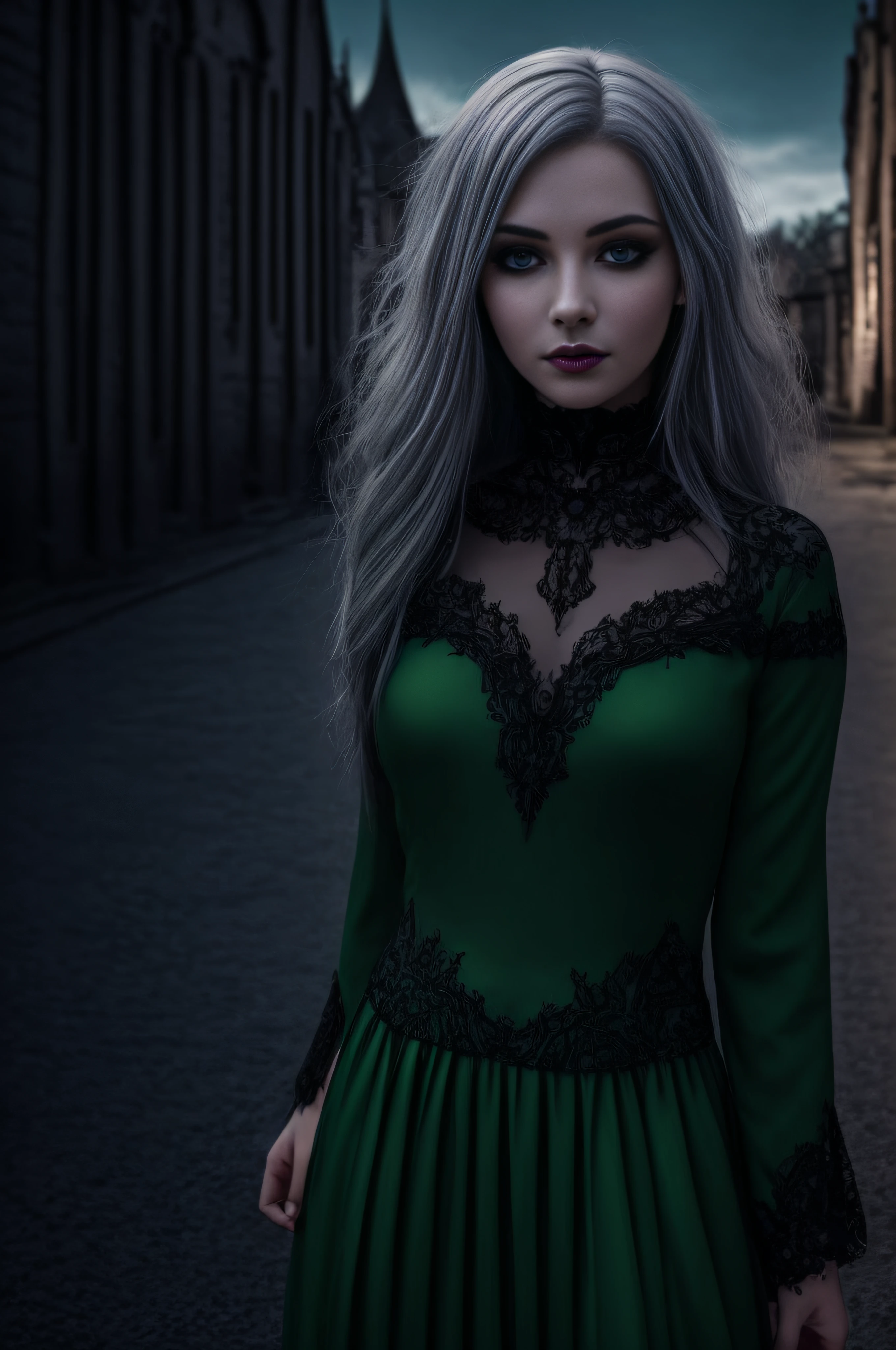 a woman with grey hair and a green dress in front of a castle, gothic city streets behind her, photo of a beautiful woman, gorgeous woman, very beautiful elven top model, perfect white haired girl, beautiful model girl, beautiful girl model, fantasy woman, cute woman, gothic princess portrait, photography portrait 4 k, beautiful fantasy portrait, dark green hair --auto