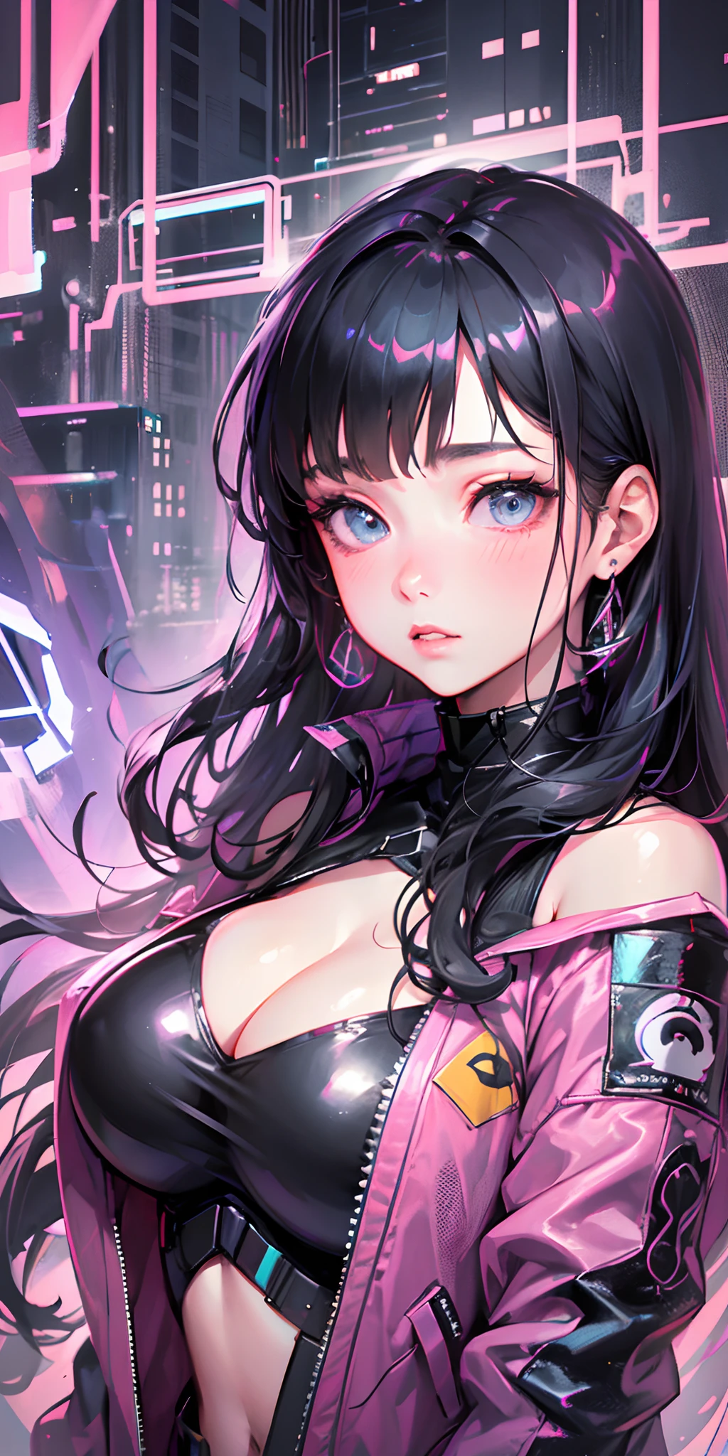 1girll, Breasts, Night, Solo, Large breasts, Yellow jacket, Bomber Jacket, Porcelain skin, Subtle blush, holographic hair, Black hair, cropped shoulders, Futuristic, Cyberpunk city, City lights, catsuits, cleavage, bladerunner, bangs, Long hair,(Perfect face),(Detailed face) (chaotic geometric images:1.3),(nagative space:0.8),(Drawing board:1.3),