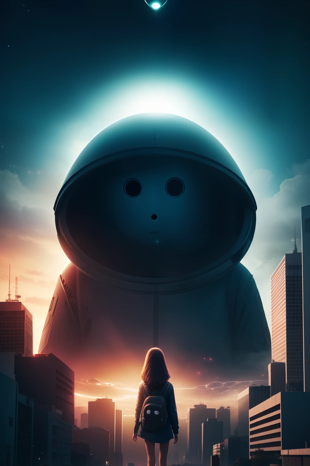A girl, stuck in the city, no face,  aliens attack city, aliens attack, cinematic