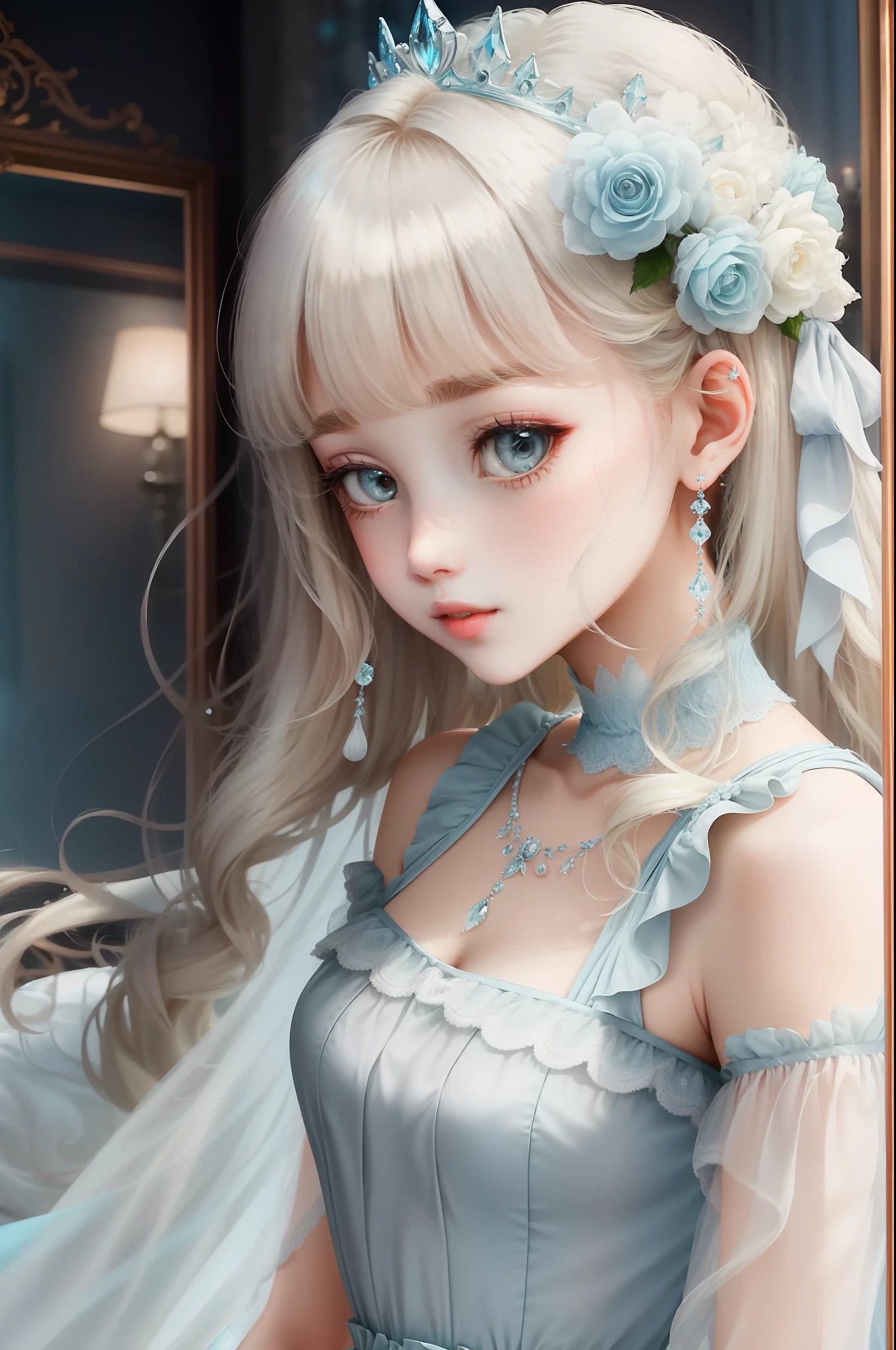 Princess A Princess Soft Good style best quality(Highest Quality) , High quality(hiquality) Soft hair Light blue fluffy dress blonde tiarra The whole body is reflected A wonderful atmosphere with very delicate tones