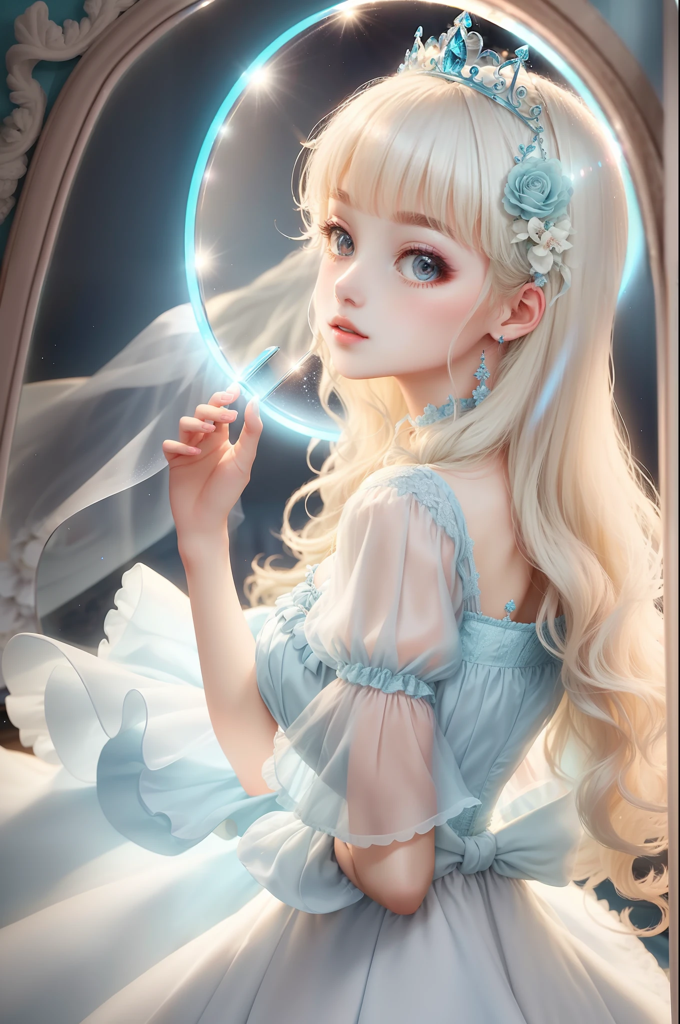 Princess A Princess Soft Good style best quality(Highest Quality) , High quality(hiquality) Soft hair Light blue fluffy dress blonde tiarra The whole body is reflected A wonderful atmosphere with very delicate tones