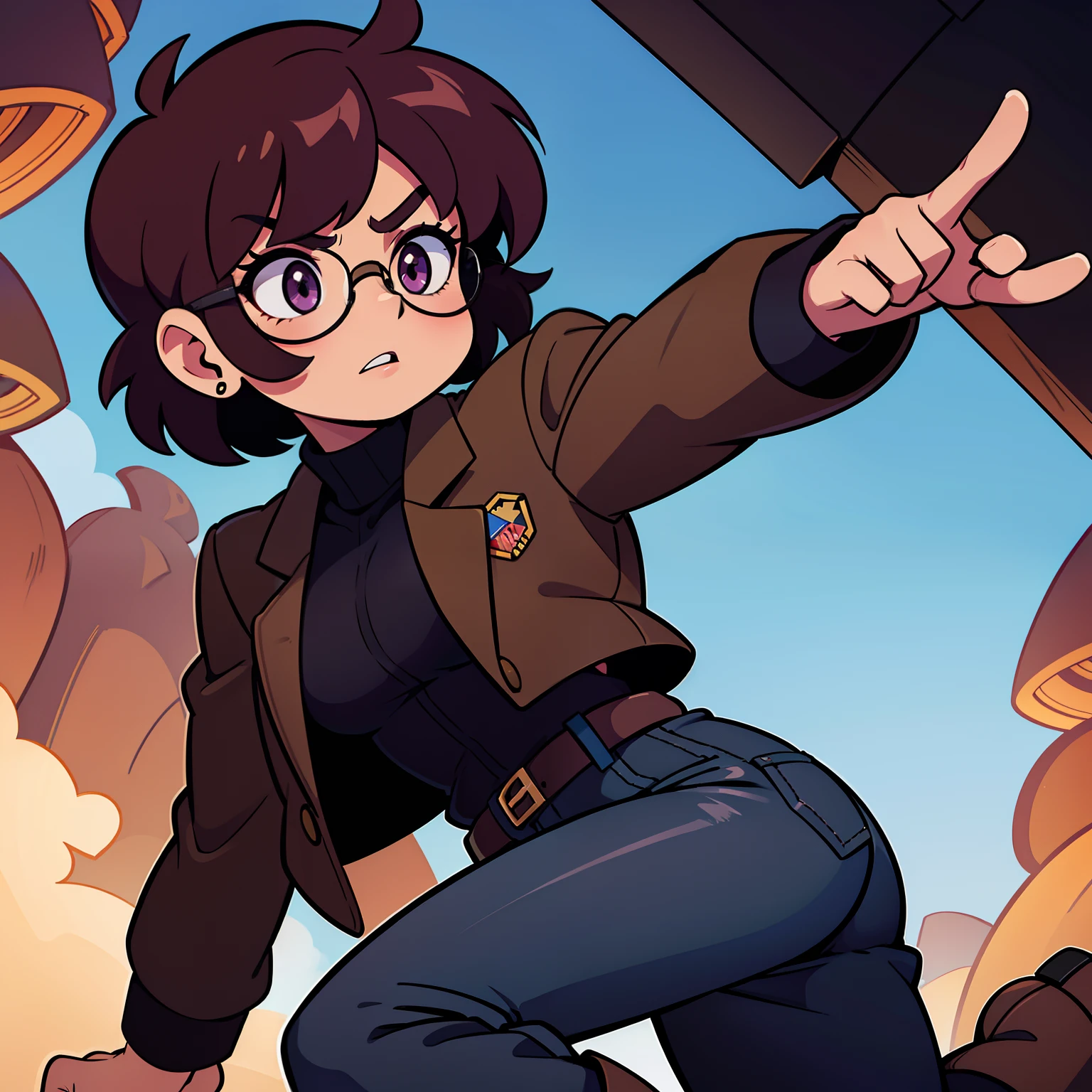 Hombre, pelo morado, ojos negros, uniforme negro, brown jacket, pantalones negros, botas de combate, mirada serena, gafas de sol redondas