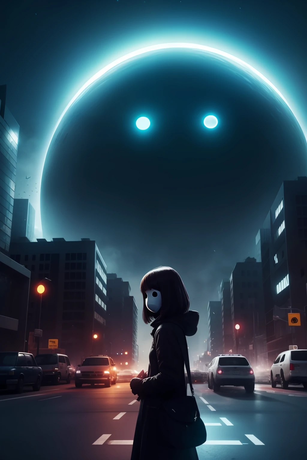 A girl, stuck in the city, no face,  aliens attack city, aliens attack, cinematic