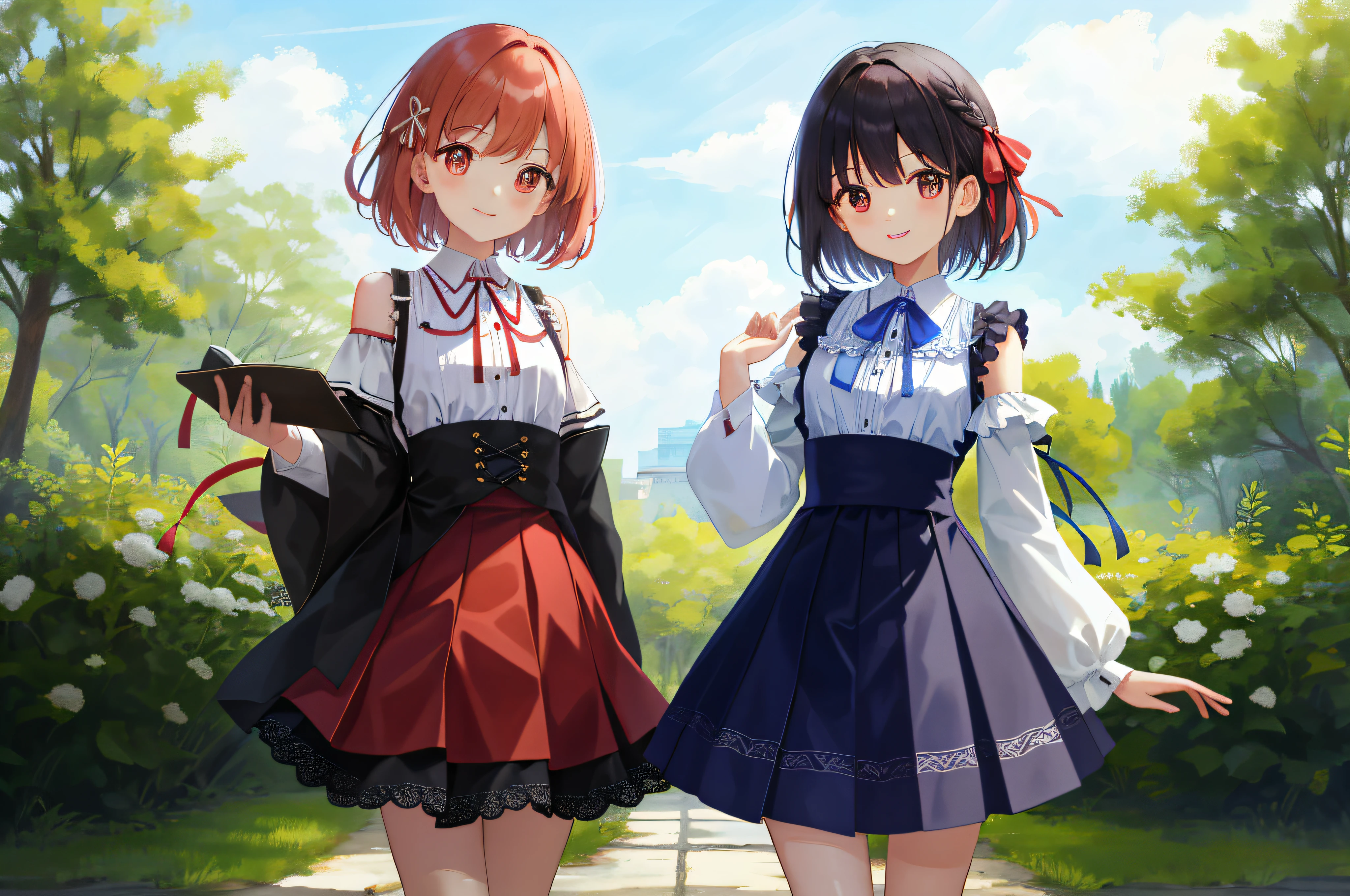 tmasterpiece, Best quality at best, 1girll, 独奏, By bangs,whaite hair,Lace skirt, Left hair ribbon, (little breast:1.4), red eyes, short detailed hair, ssmile, 独奏, whaite hair, (No shoulder strap:1.1), (cropped shoulders:1.1), (cowboy lens:1.2), 城市, (校服:1.2), (partly_Unbuttoned:1.1), (Expand the chest externally:1.2), a skirt, (stooped:1.2),
