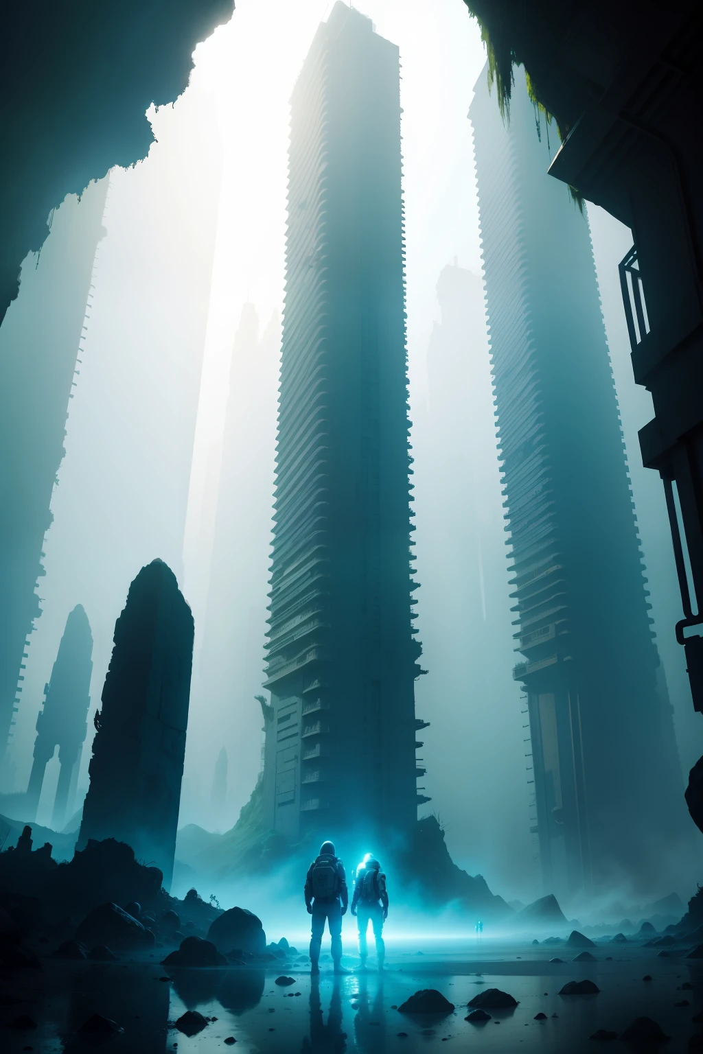 humans in techsuits,alien world,alien animals,alien ruins,bright colors,mist,backlight