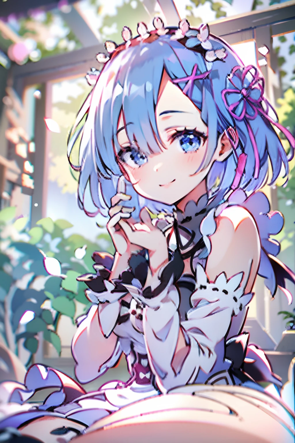 (highly detailed:1.3), Rem Re:zero, blue hair, short hair 
1girl, solo,
horb, (light smile:1.2), arms behind head, wariza, 
Ultra-detail, (highres:1.1), best quality, (masterpiece:1.3), cinematic lighting,