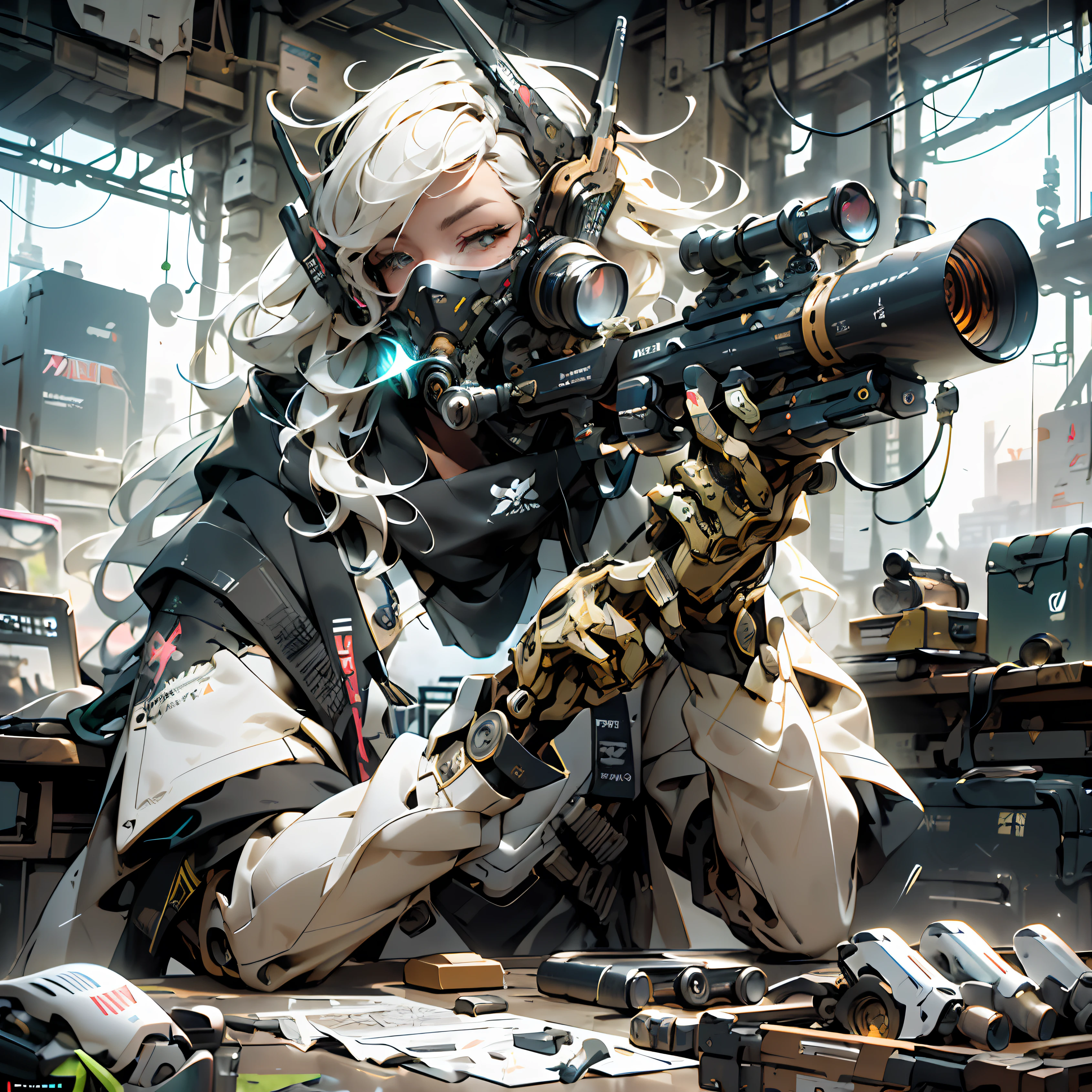 Masterpiece, ultra high quality, best quality, Intricate detailed, Hyper Detailing, a sniper, white hair, on desk, concentration, busy expression, mechanical cyber mask , creating a sniper rifle with magical , on desk, isometric, miniature, landscape on foundation, landscape, cyberpunk, long range sniper, large sniper, Extremely Hyper Detailed, Highly detailed facial features,