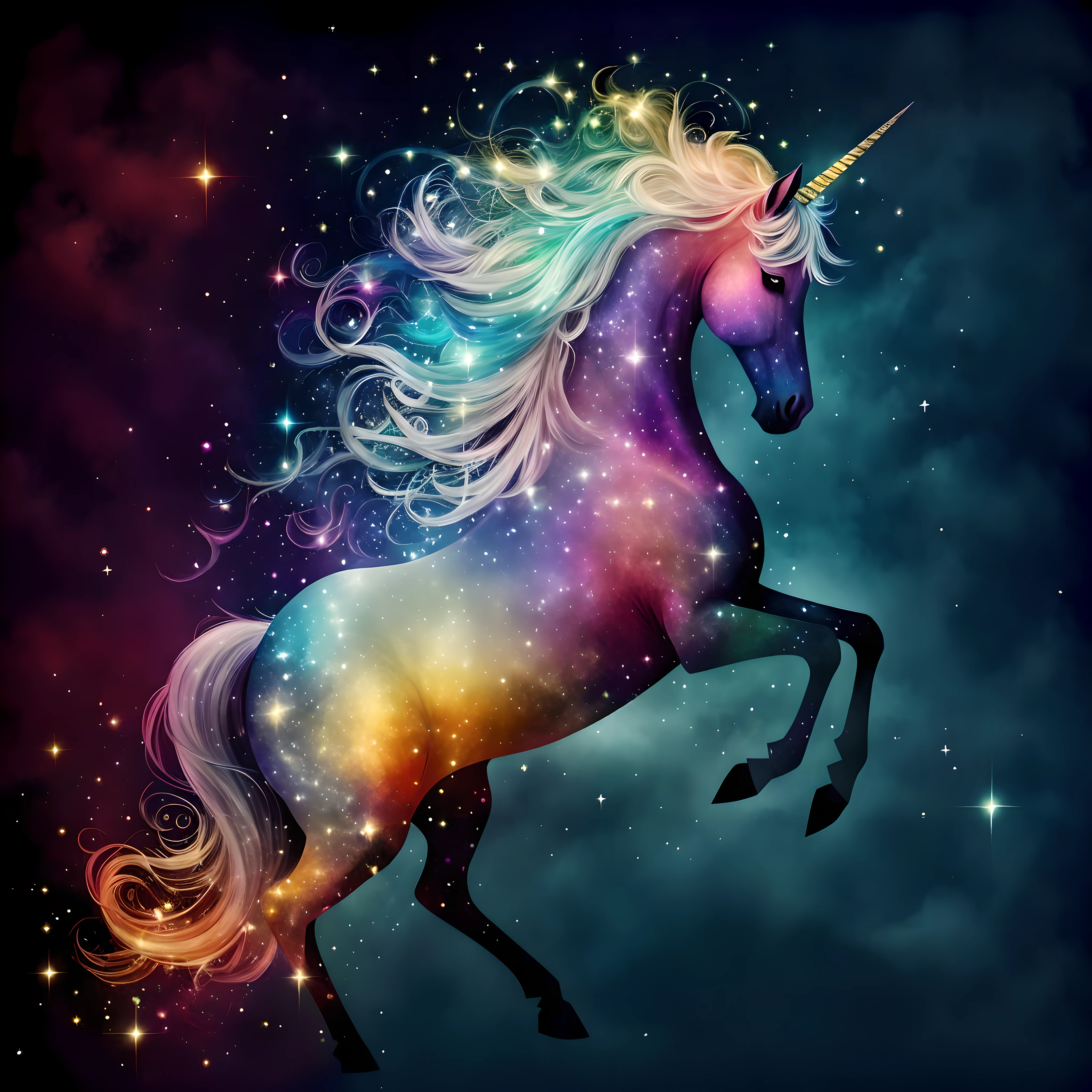 Unicorn close-up，The mane is colorful，starrysky, unicorn, A unicorn, unicorn flying in the sky,starryskybackground，Starcloud， unicorns, blue unicorn, mythological creatures, Glory to the magic within, Magical and mysterious, mythical whimsical creatures, cosmic and colorful, mythological creatures, Unicorn horns, amazing background, Mythical, a mythical creature, Fantastic and magical, white unicorn
