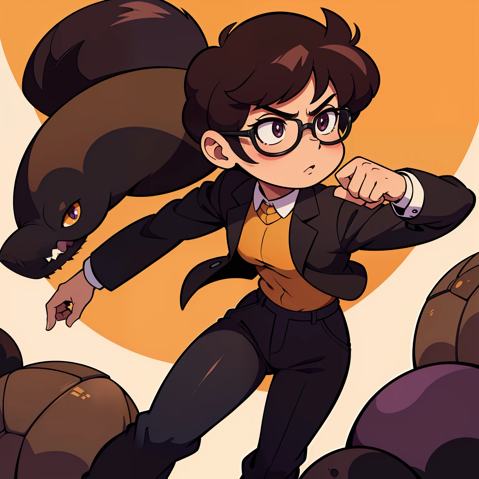 Chico, pelo morado, ojos negros, uniforme negro, brown jacket, pantalones negros, botas de combate, mirada serena, gafas de sol redondas