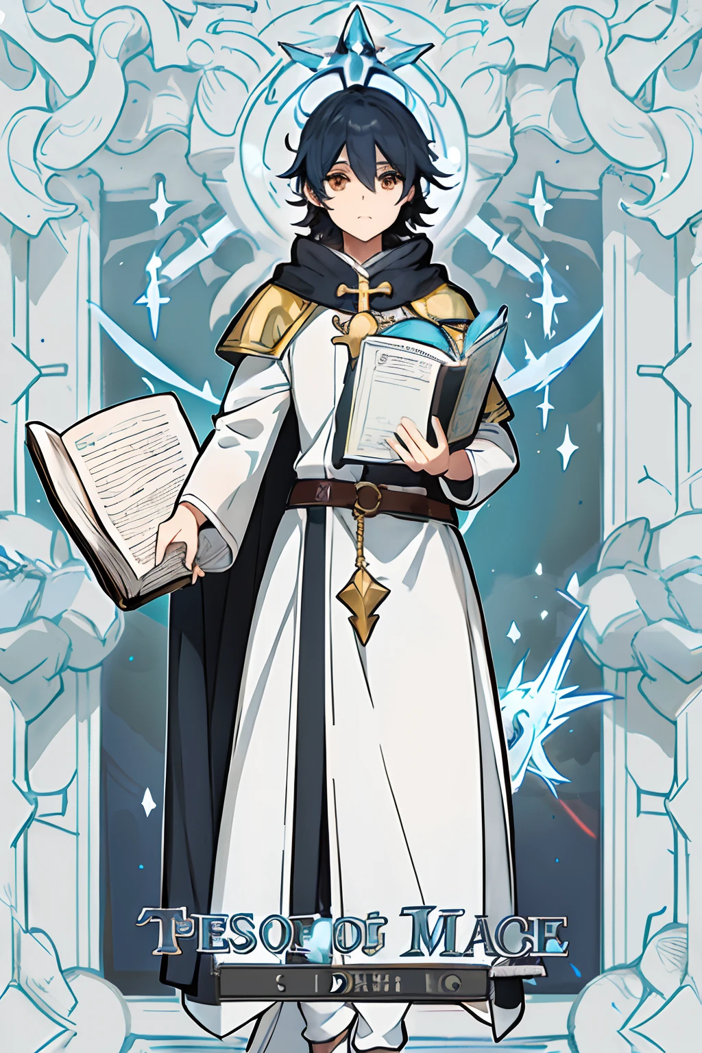 Personaje de anime con un libro y una espada frente a un fondo azul, cleric, dressed like a cleric, picture of a male cleric, female cleric, Negro - Mago de pelo, pretty female cleric, Holy Paladin, Arte Oficial, Arte oficial del personaje, Arte Casimiro, Hestia, official illustration of the character, Albedo del anime Overlord