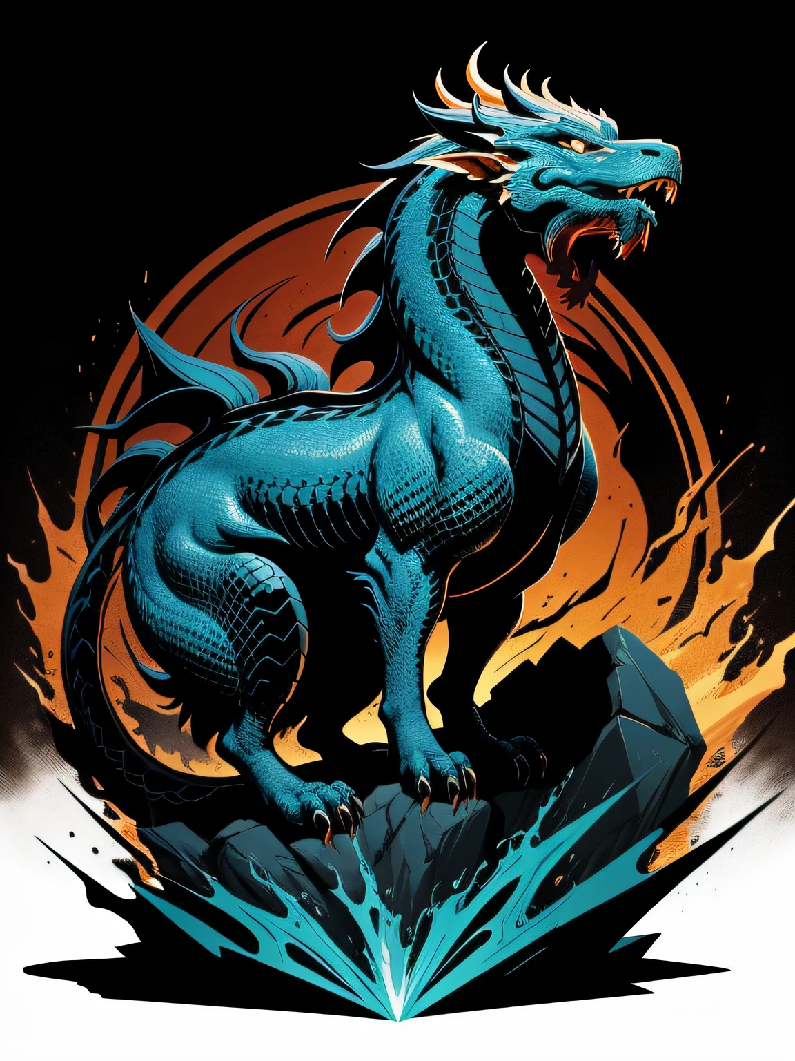 [chinese dragon] Heraldic silhouette, logo masking style illustration, by dan mumford, by greg rutkowski, by james jean, black background, mysterious, fantasy art, realistic, majestic, rich vibrant colors, high contrast, seamless water brand, artstation, deviantart, dribble, redbubble, teepublic, sharp focus, simple, hyper detailed, detailed drawing, vectorize, outline, isometric style, 8k."