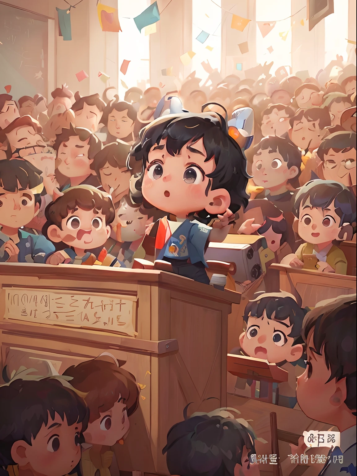Anime illustration of a boy in a police uniform addressing the crowd, (police uniforms,Blue short-sleeved uniform,black long pants)Kawasi, lovely digital painting, Stand on the podium, A typical anime auditorium, author:Zhang Shengqi, author:Yi Renwen, author:Ryan Yee, atey ghailan 8 k, by Yang J, author:Lee Jeon-suk, by Kubisi art, Auditorium background, pixiv daily ranking,The audience was full(police uniforms,Blue short-sleeved uniform,black long pants)