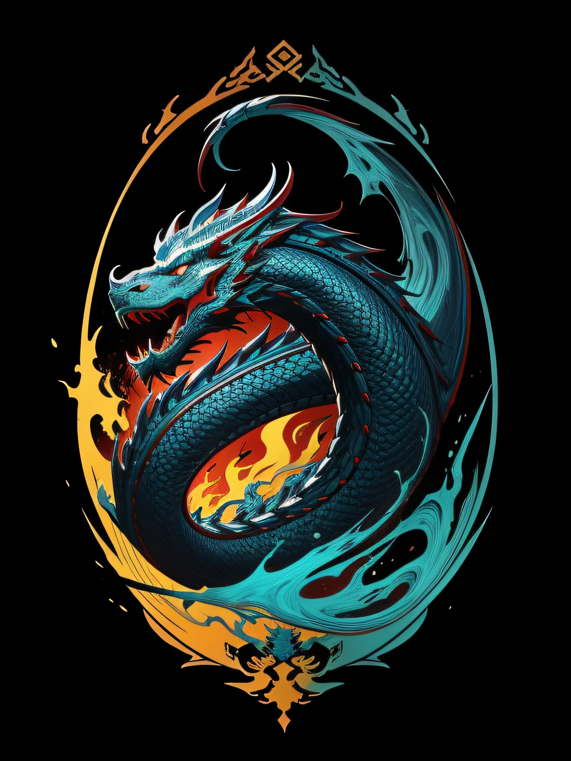 [chinese dragon] Heraldic silhouette, logo masking style illustration, by dan mumford, by greg rutkowski, by james jean, black background, mysterious, fantasy art, realistic, majestic, rich vibrant colors, high contrast, seamless water brand, artstation, deviantart, dribble, redbubble, teepublic, sharp focus, simple, hyper detailed, detailed drawing, vectorize, outline, isometric style, 8k."