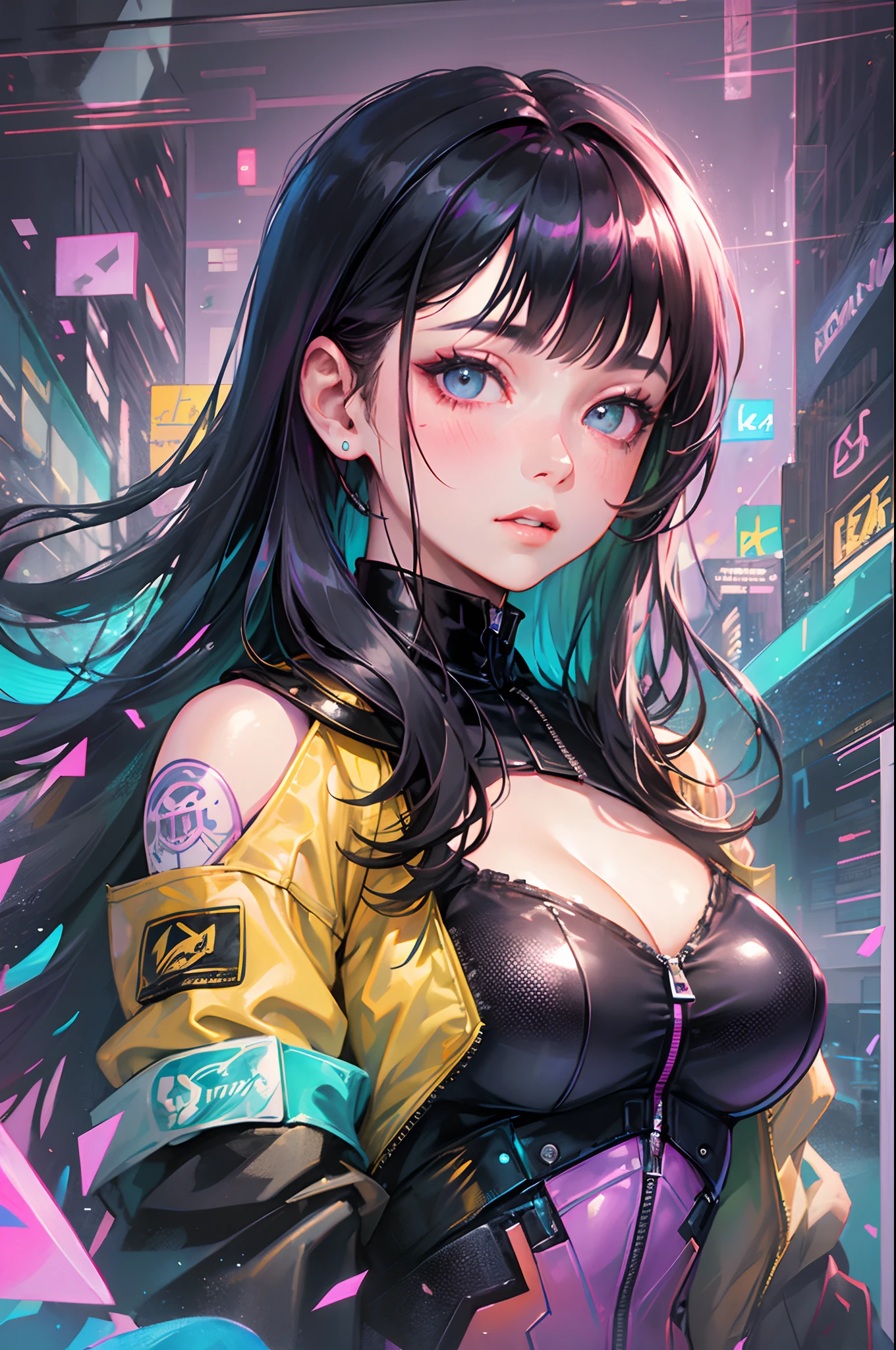 1girll, Breasts, Night, Solo, Large breasts, Yellow jacket, Bomber Jacket, Porcelain skin, Subtle blush, holographic hair, Black hair, cropped shoulders, Futuristic, Cyberpunk city, City lights, catsuits, cleavage, bladerunner, bangs, Long hair,(Perfect face),(Detailed face) (chaotic geometric images:1.3),(nagative space:0.8),(Drawing board:1.3),