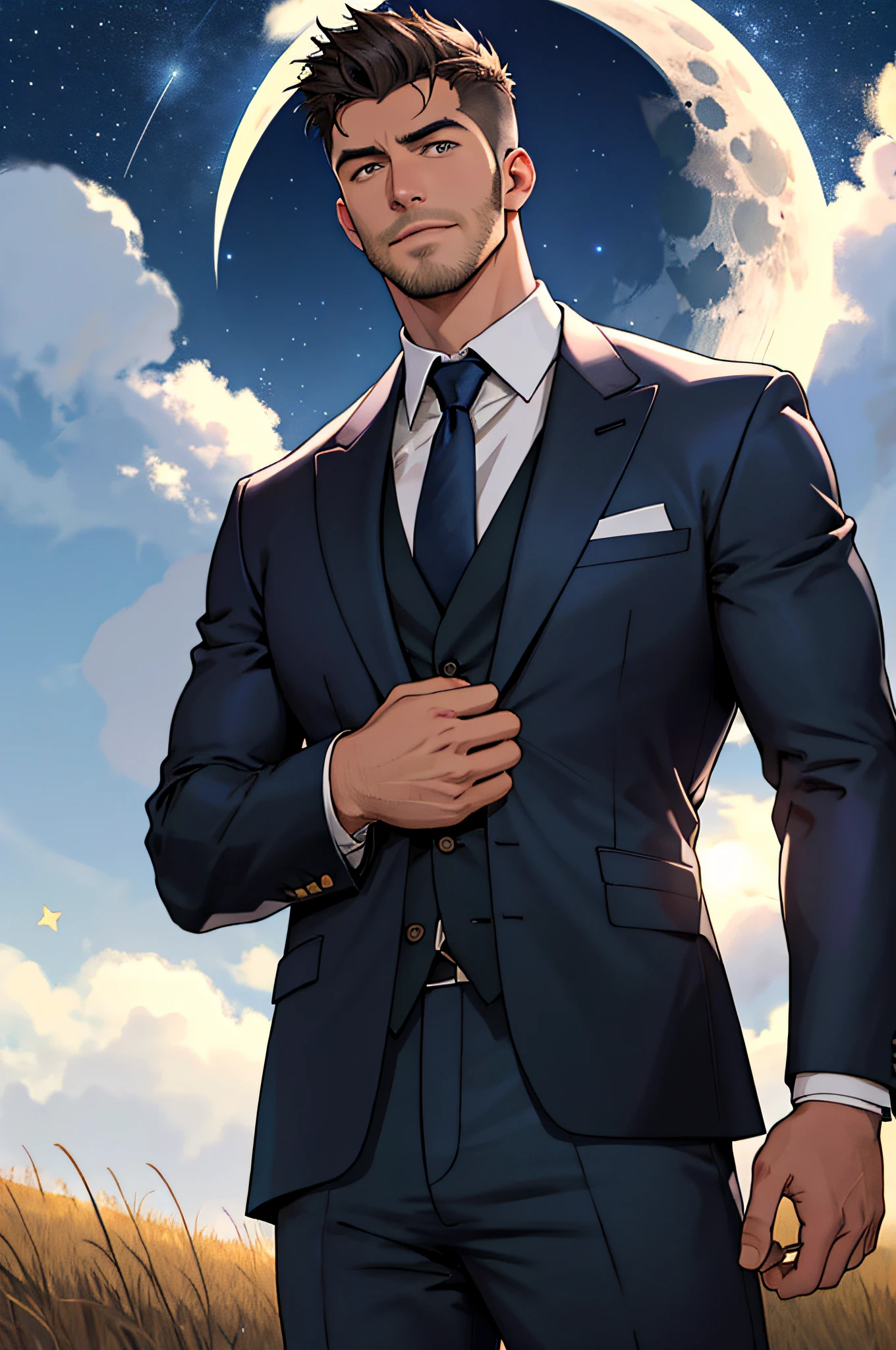 Draw a full-fledged footballer，Standing on the steppe at night，Quiet and comfortable background，He wears the same suit as the country's president，The suit fits perfectly，Handsome face，eyes with brightness，The man looks confident and determined，looking-down，Crew cut，full bodyesbian，Stars dot the sky，shooting from below，Big moon highlights background
