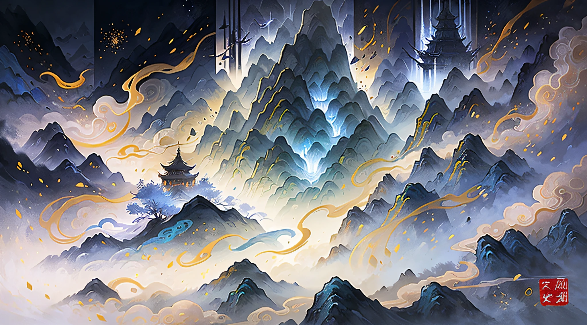 Ink wind,Obvious ink strokes,Chinese wind mountains, rios, Auspicious clouds, aethereal,The void is dotted with stars, tmasterpiece, super detailing, Epic composition, hyper HD, high qulity, extremely detaile, offcial art, 统一 8k 壁纸, super detailing, 32k