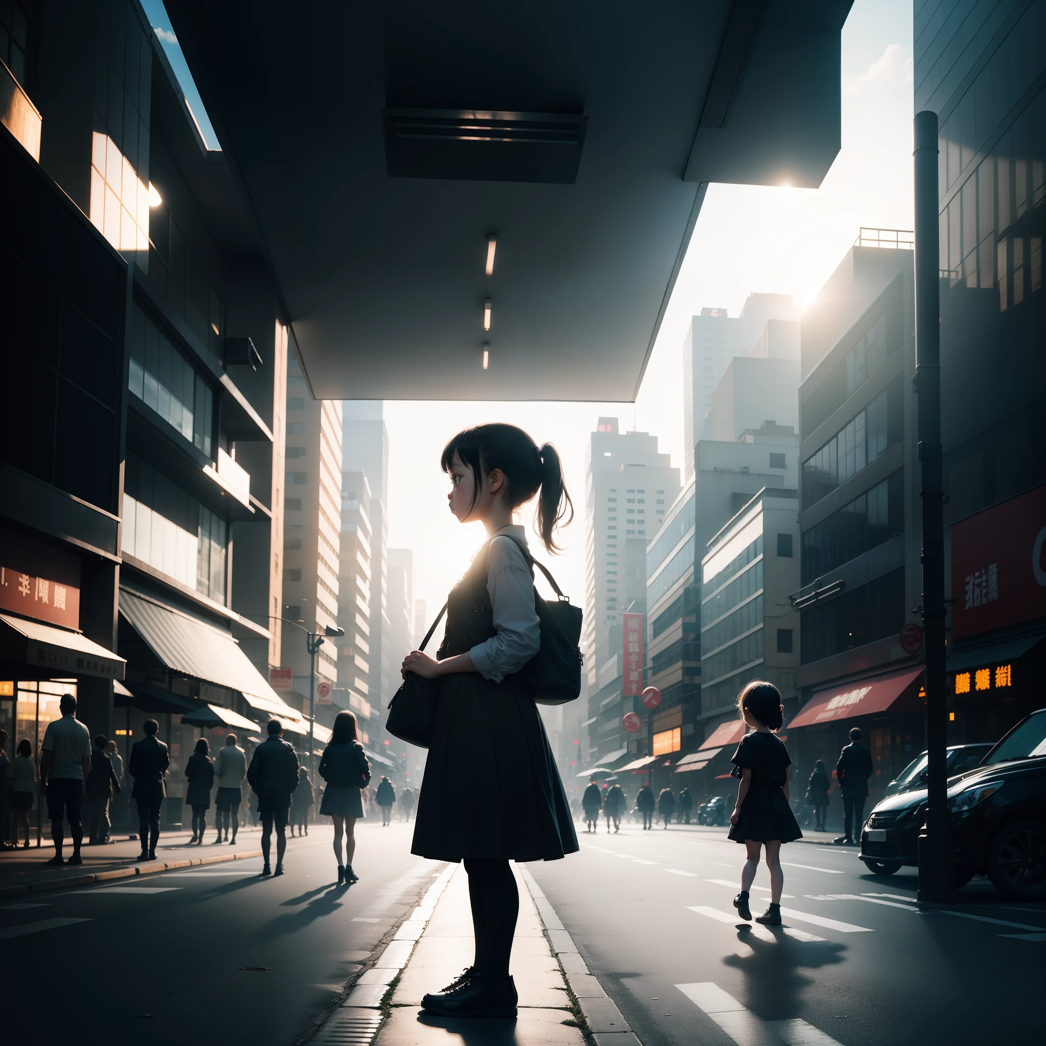 A little girl standing in the middle of a bustling city、Silhouette contrasting with bright light and shadow