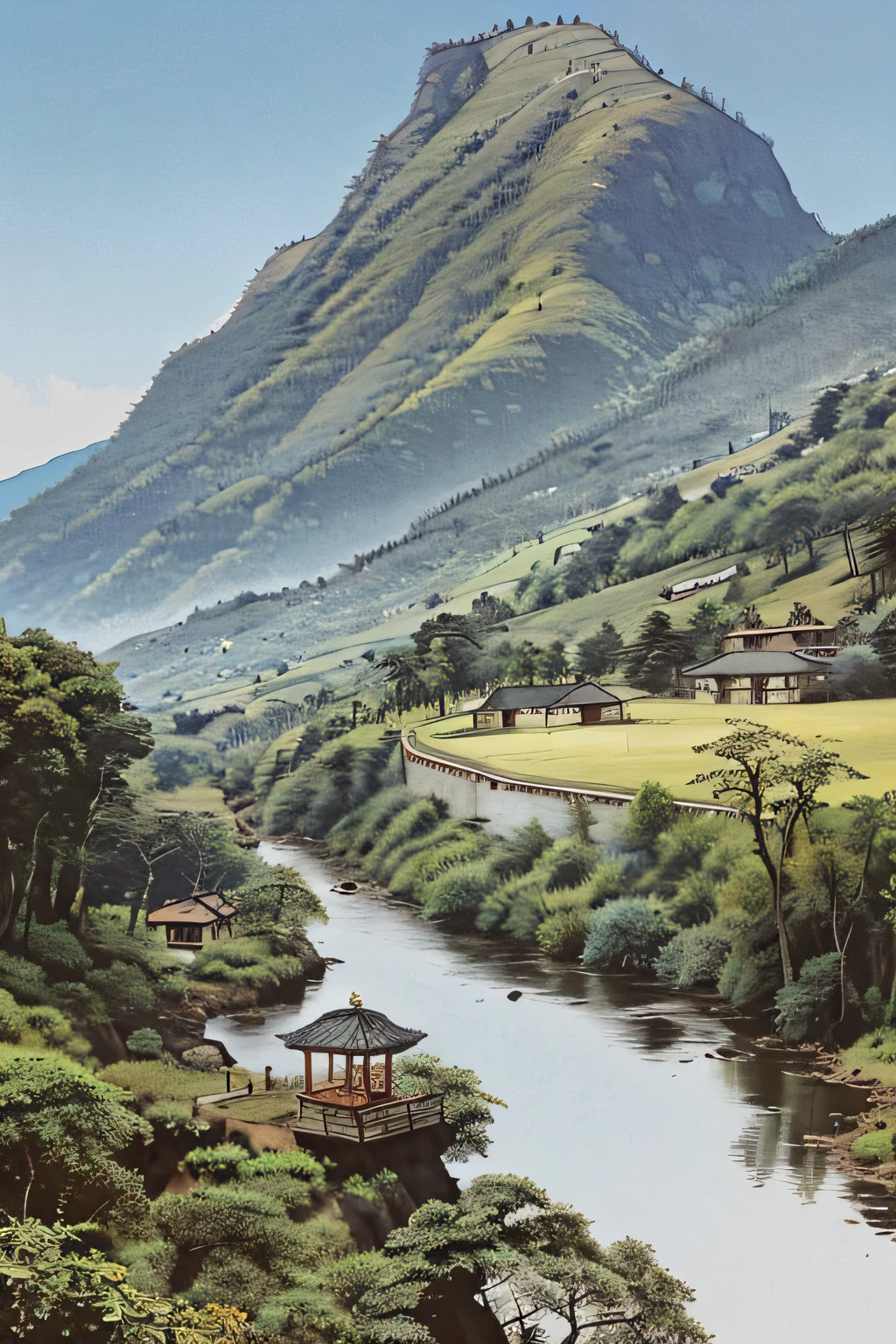 shuimobysim, (ecchi0.7), (green trees:0.2), (Flowers:0.3), (Birds:0.5), Mountain, house in background, wuchangshuo, wuchangshuo,tmasterpiece,Best quality at best,(The is very detailed的 CG unified 8k 壁纸)(best qualtiy),(Most Best Illustration),(Best shadow)Harvest wheat naturally,Super meticulous,Ask me why I can do this,As long as what you want is far from the world,Naturally, you will feel that the place you are in is secluded。