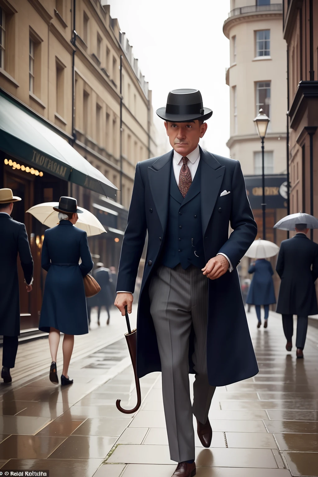 Date: 1933
Country: United Kingdom
Description: On a London street, a well-dressed gentleman carries an umbrella and tips his bowler hat as he navigates through the city's hustle and bustle, embodying the refined charm of the era.
