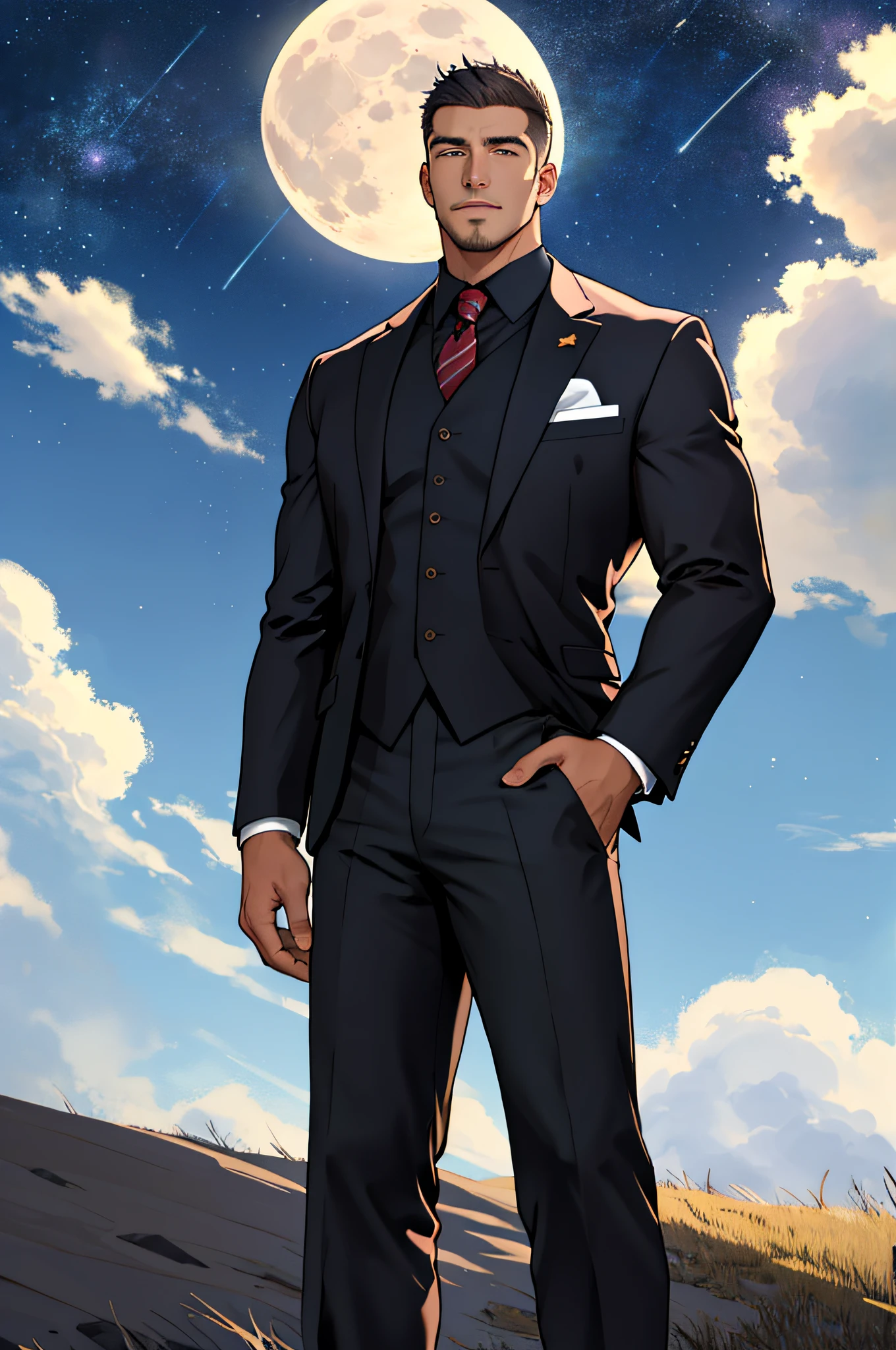 Draw a full-fledged footballer,Standing on the steppe at night,Quiet and comfortable background,He wears the same suit as the country's president,The suit fits perfectly,Handsome face,eyes with brightness,The man looks confident and determined,looking-down,Crew cut,full bodyesbian,Stars dot the sky,shooting from below,Big moon highlights background