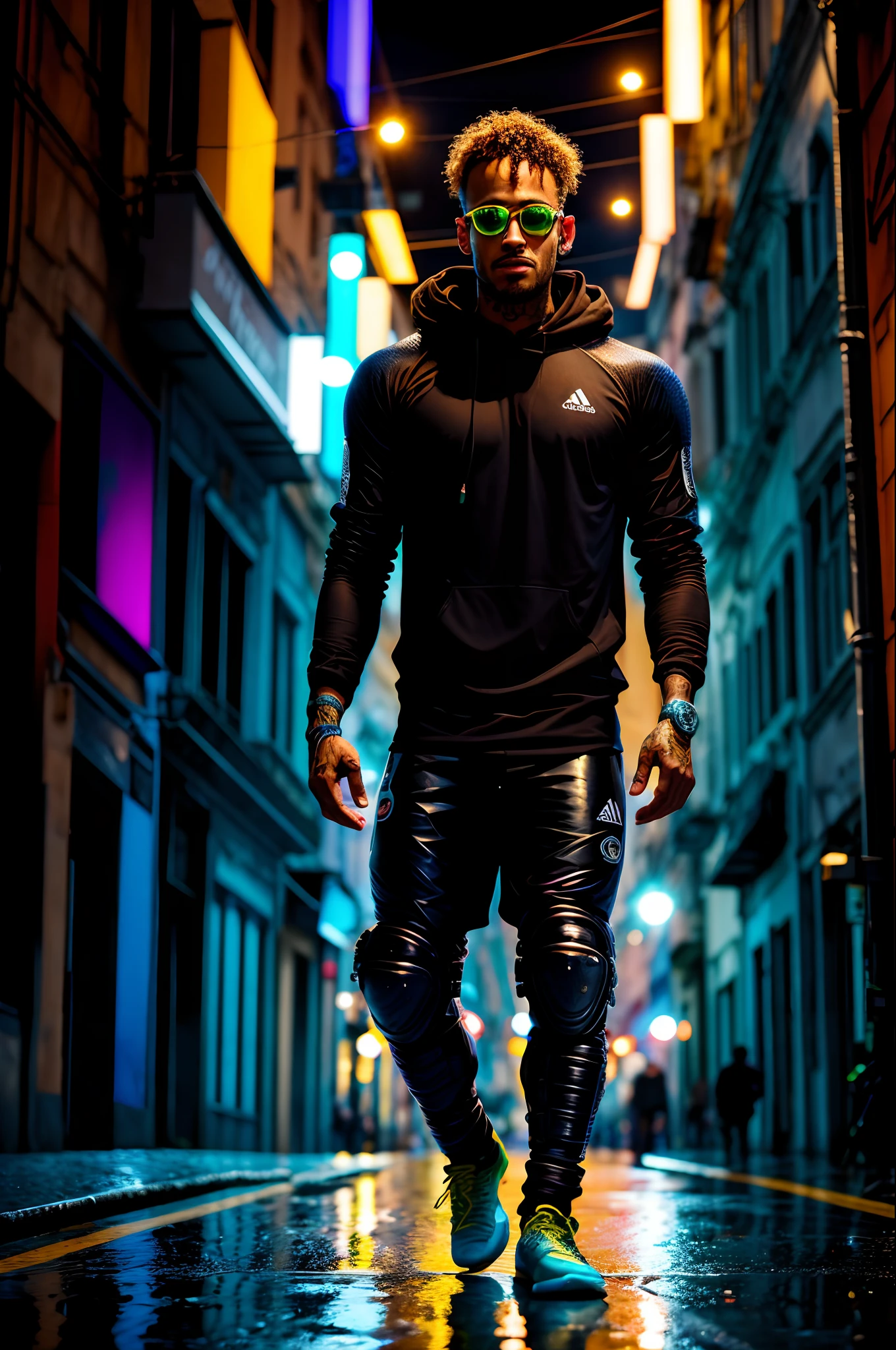 An award-winning masterpiece photo of a cyborg neymar with psychedelic colors standing on a city street at night in the rain, wearing neon-colored bright glasses, 8k, (alta qualidade: 1.1), (cinematic feel: 1.1), sombras escuras e profundas , detalhamento incrivelmente intrincado, arte , (de perto: 1.1), de cima, olhando para o observador, (brilhantes de luz: 1.1), (chromatic aberration,: 1.2) fundo com artefatos de luz flutuantes