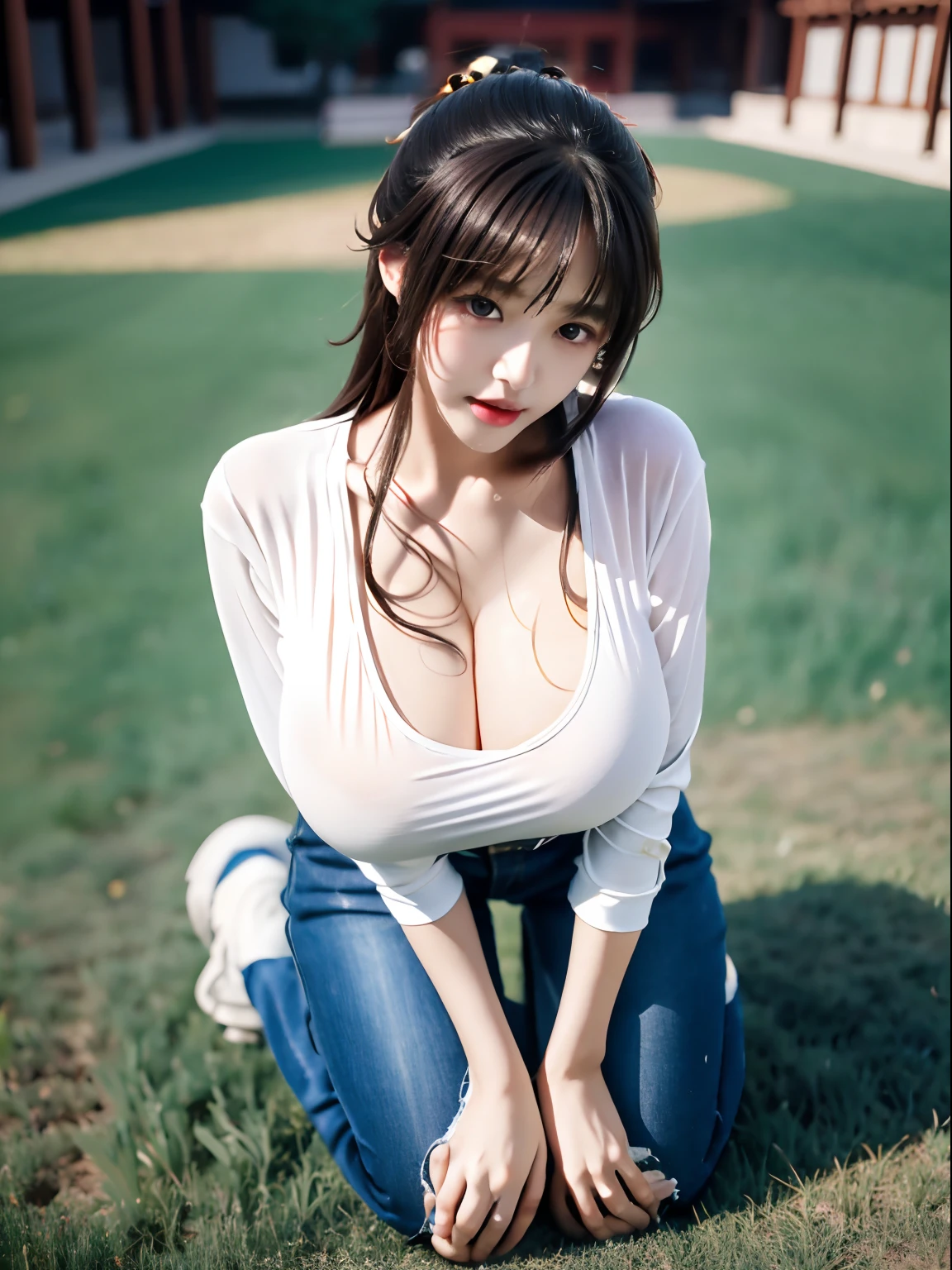 (A little littontal photo,Take a full-body photo,dual horsetail,(Immature Slightly thin face),torn laundry,wetclothes,showing waist,kneels on the ground,The breasts are pressed against the thighs,(Super swollen: Exaggerated scale: Swelling, Huge chest,super gigantic breasts),(Full clothing supported by breasts),(Plump clothing is supported by breasts),long whitr hair,(Wearing a white shirt,white jean),Pose,Adopt a variety of sports positions,Pure temperament,ssmile,perfect eyes, perfect hand,超高分辨率, Movie Angle, Professional lighting, best qualtiy, tmasterpiece, Perfect focus,Background bokeh,realisticlying,Ultra-high ress fabric texture,8k eye details,8K pupils,