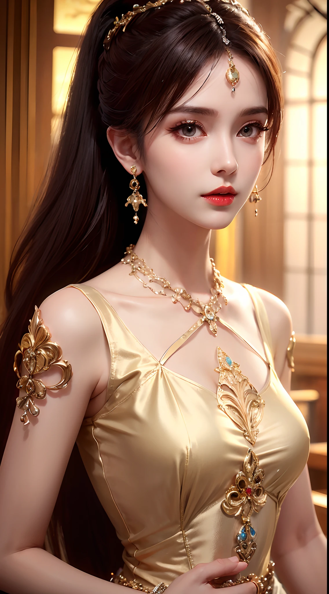 A close up of a woman wearing a gold dress and jewelry - SeaArt AI