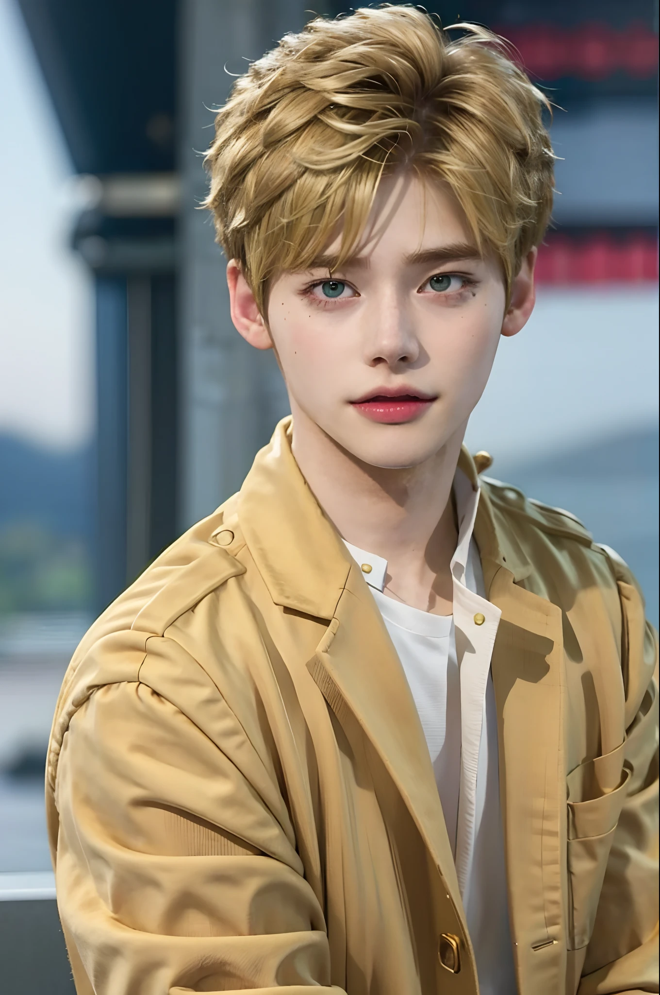 1child, enfoque masculino, boca cerrada, labios, ojos verdes, peluca rubia,
grasa, vestido como Monoma Kento del anime Boku no hero academia, cosplay de Monoma Kento