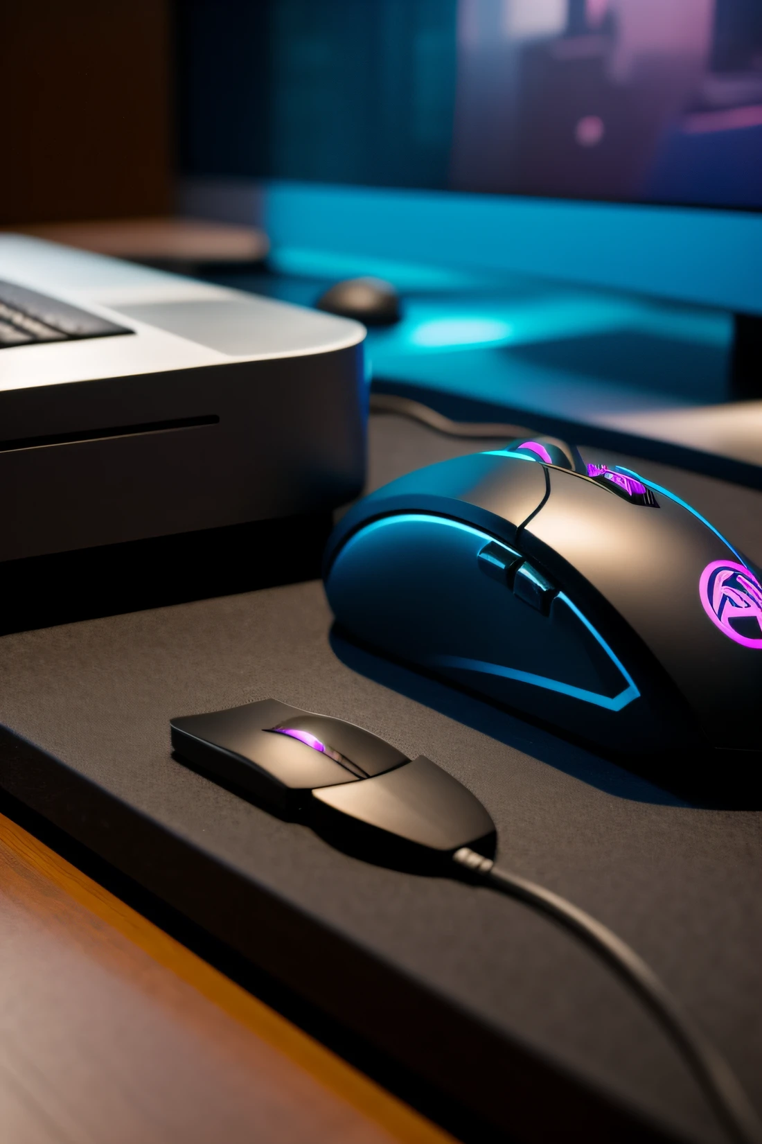 A mouse,At the computer desk,There is a keyboard and mouse pad next to it,wide camera angle+Cinematic level photography+Professional-grade product lighting,incredibly detailed,cyber punk perssonage