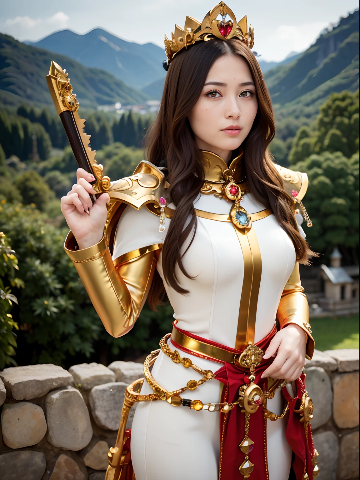 (masutepiece), Professional , ​masterpiece、top-quality、photos realistic , depth of fields （Gemstone Silver Metal Body:1.９),(Matte yellow、Jewel Gold Weapon、（Gorgeous castle background）、（Jewel Metal Body:1.４),Gorgeous Jewel Metal Weapons , Detailed Sword of the Brave ,（ Soldier background in metal armor）   ,warhammer 40k , adepta sororitas,Detail and ornate jewel crown、独奏、Brown hair、（Gangle's forest background）、Beautiful Caucasian beauty、１a person、dynamic ungle,(((Diamond tiara with detail and luxury)))、a small face、A smile、Powerful poses、（Gorgeous castle background）、huge filesize、20 year old beautiful woman、Stand in the center of the screen、Thin female fingers、Straight long hair、Beautiful Caucasian beauty、