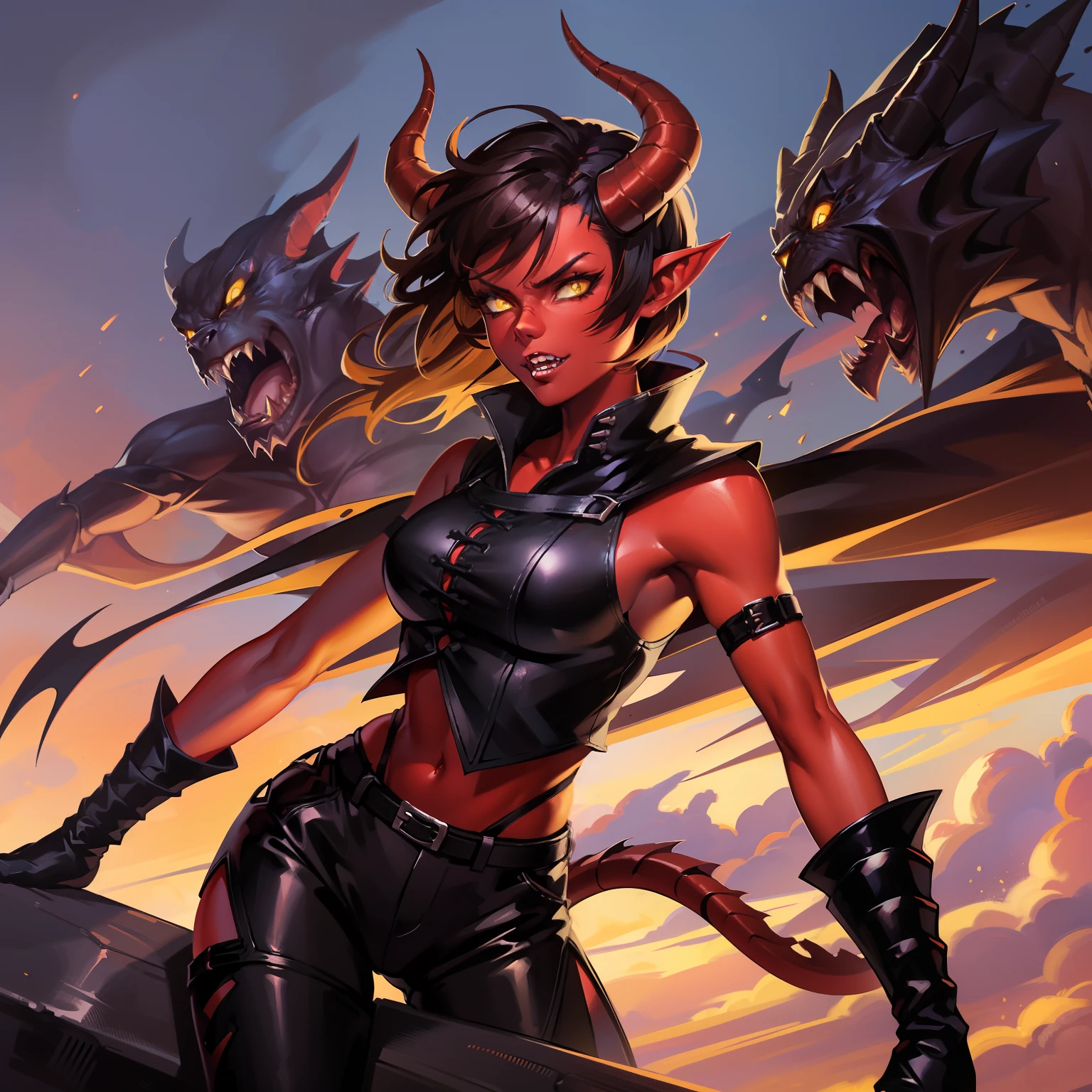 1girl, tiefling, red skin, yellow eyes, black sclera, pointy ears, horns, short brown hair, sharp teeth, black sleeveless shirt, black shorts, rogue outfit, demon tail, black boots, goggles on head, perfect anatomy, solo, cowboy shot