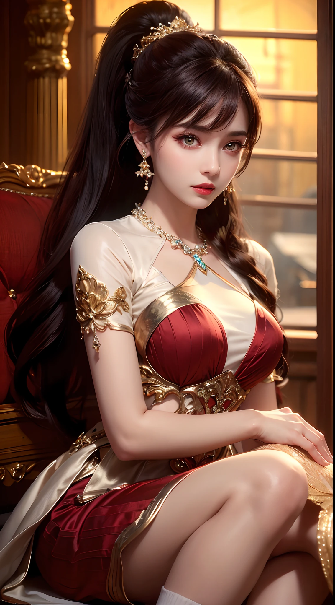 ((Best Quality)), ((Ultra High Resolution)), ((Realistic)), Fine details, Age 19 on Appearance, Black hair, Perfect face shape, Moderate Makeup:1.5, Face lighting, Accentuating Details, Long hair, Wearing Chinese Wedding Dress, Gold Headgear Decoration, Holding a fan, Red Wedding Dress Extra Points: 1.3, Gold Dress Details. portrait of a full body, windows, a bed, drapes, Candlelight, present a picture of a long-range pose.