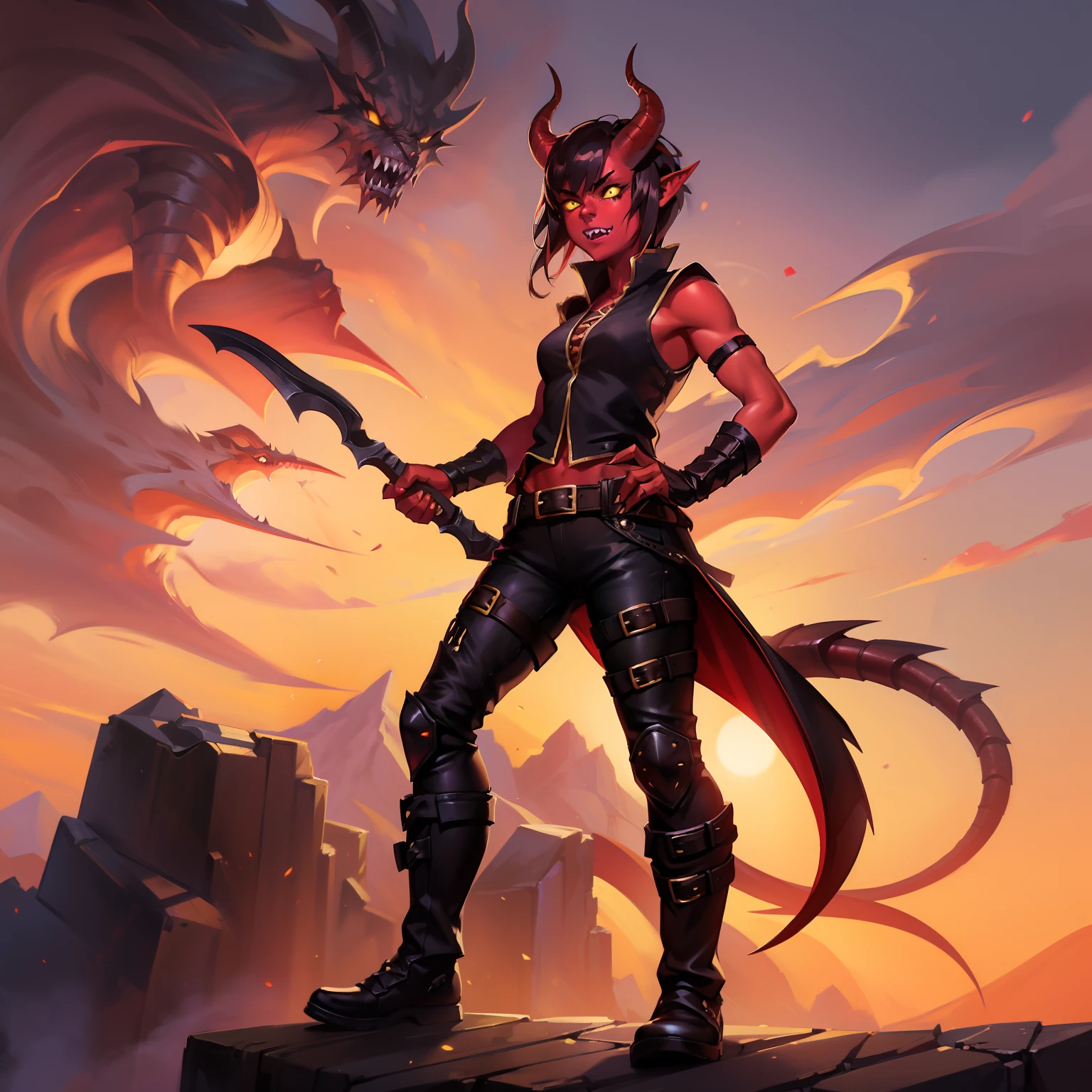 1girl, tiefling, red skin, yellow eyes, black sclera, pointy ears, horns, short brown hair, sharp teeth, black sleeveless shirt, black shorts, rogue outfit, demon tail, black boots, goggles on head, perfect anatomy, solo, cowboy shot