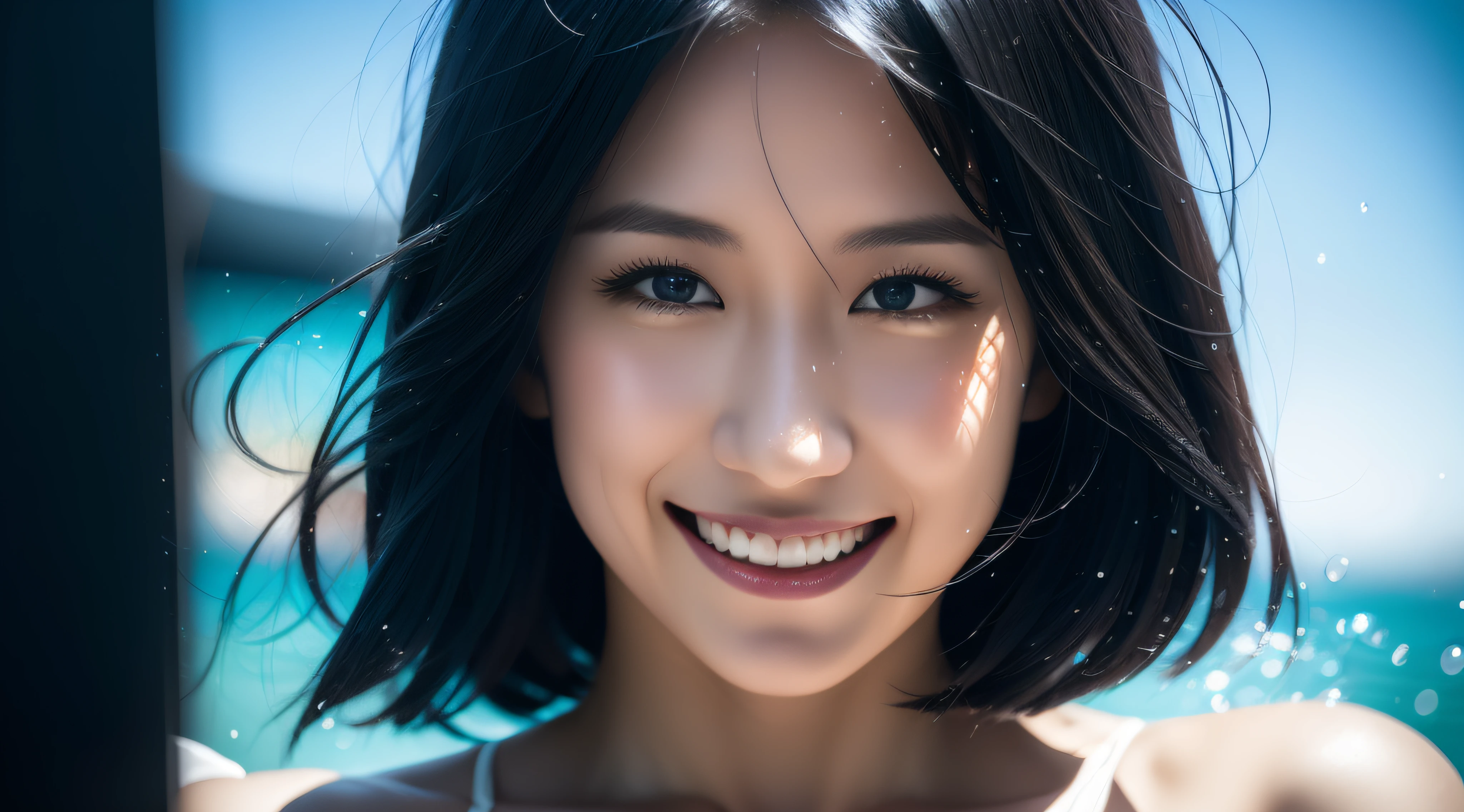 Black hair, wince, longeyelashes, Solid Circle Eyes, lightsmile, surrealism, drop shadow, anaglyph, stereograms, Tachi-e, , Atmospheric perspective, in 8K, Super Detail, ccurate, Best Quality,Neptune and its rings in the background、kosmos
