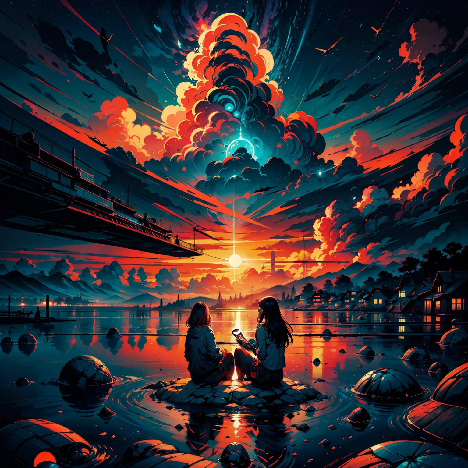Two people sitting on shire of sea ,sunset with clouds infographic with illustrations, by victo ngai, kilian eng vibrant colours, dynamic lighting, digital art, winning award masterpiece, fantastically beautiful, illustration, aesthetically inspired by beksinski and dan mumford, trending on artstation, art by greg rutkowski, 8 k