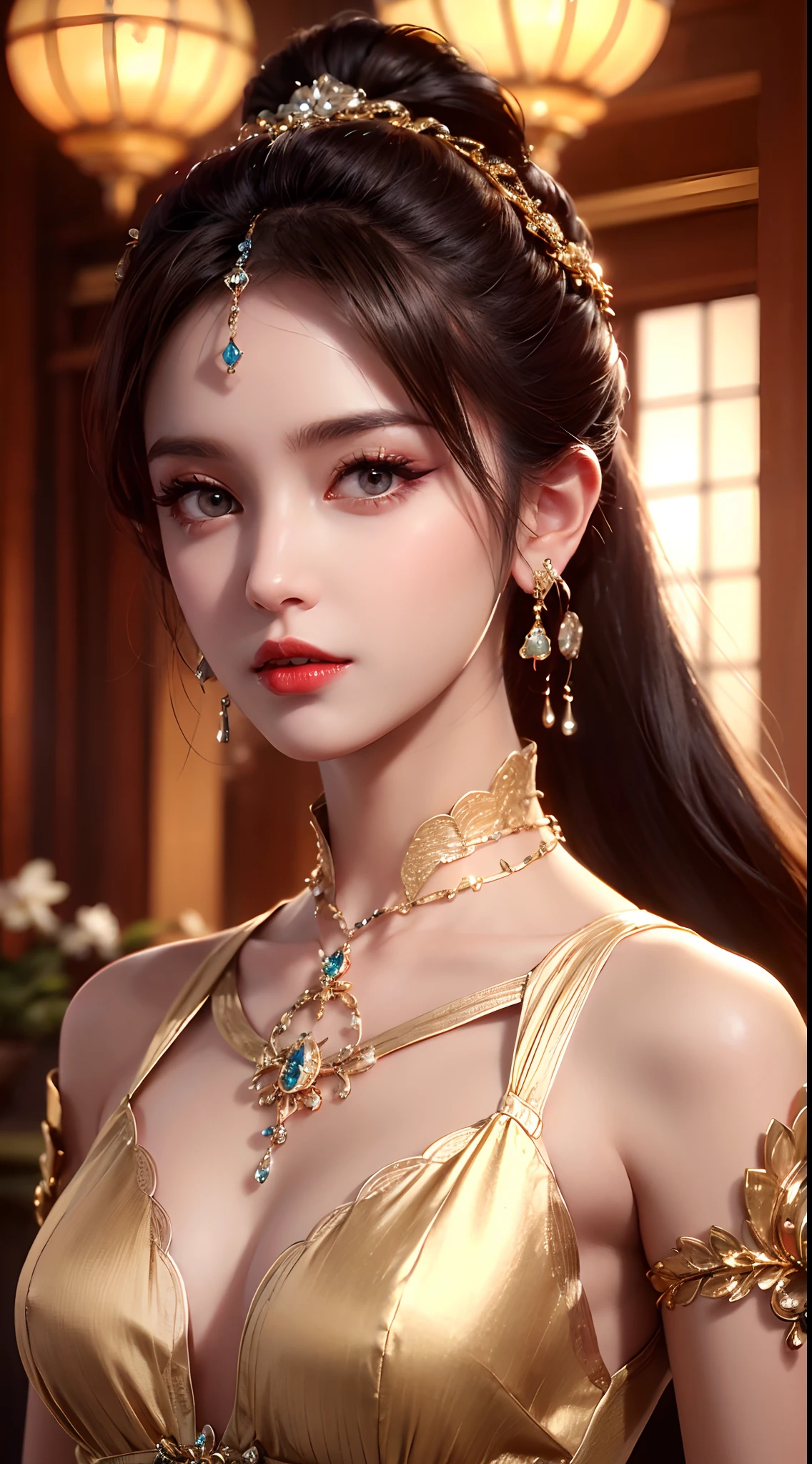 8K ultra hd, masterpiece, best quality, a beautiful girl, long hair, impressive hairstyle, royal hair jewelry, pretty cute face, flawless face, jewellery earrings, antique jewellery, details eyes, beautiful eyes, meticulous makeup, thin eyebrows, beautiful red lips, medium breasts, golden mesh socks, thin golden silk shirt with many white motifs, white lace shirt, long bangs and a long platinum golden ponytail, realistic colors, magic effects, Ancient hanfu background, attractive pose,