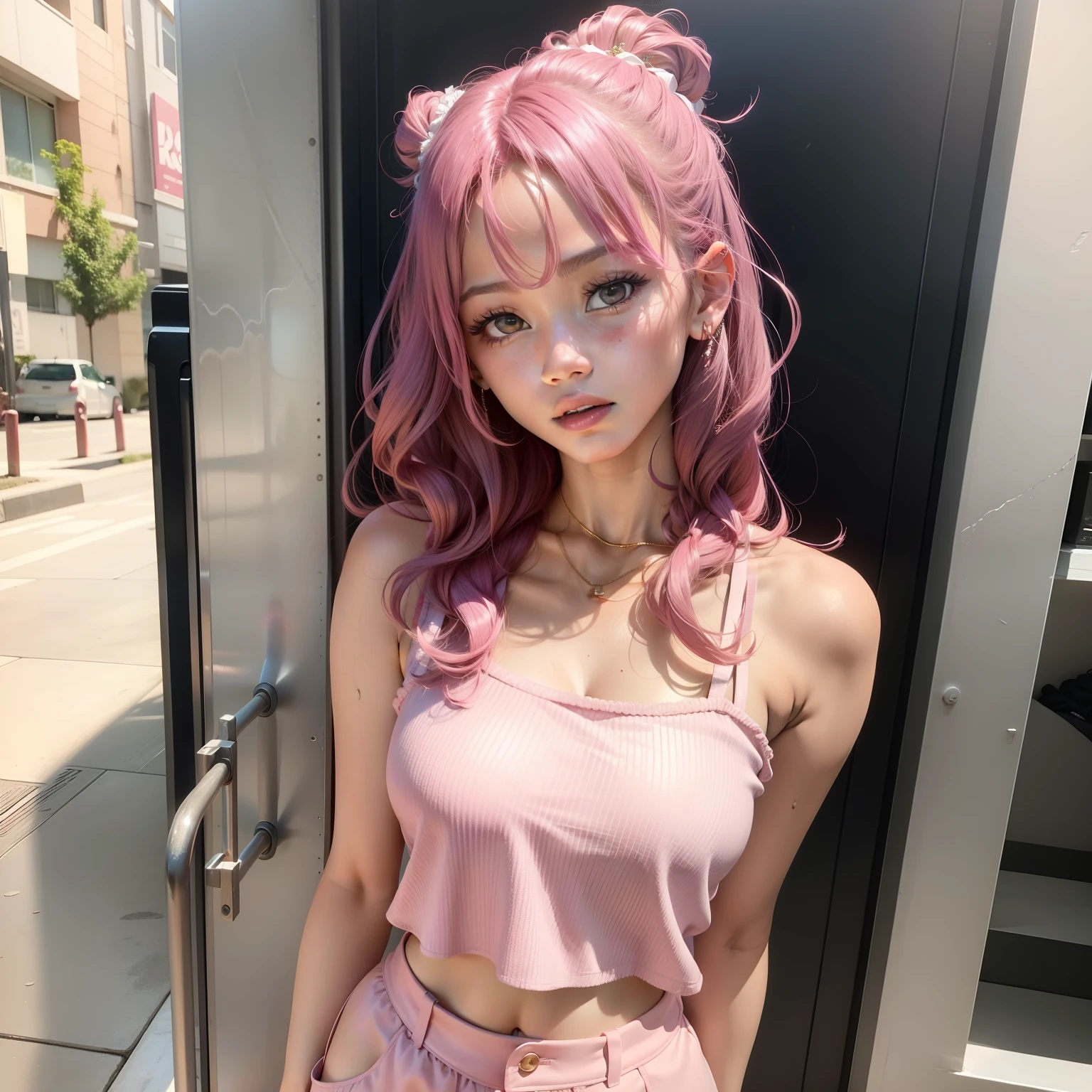 Jenna Ortega in pink hair in sexy outfit