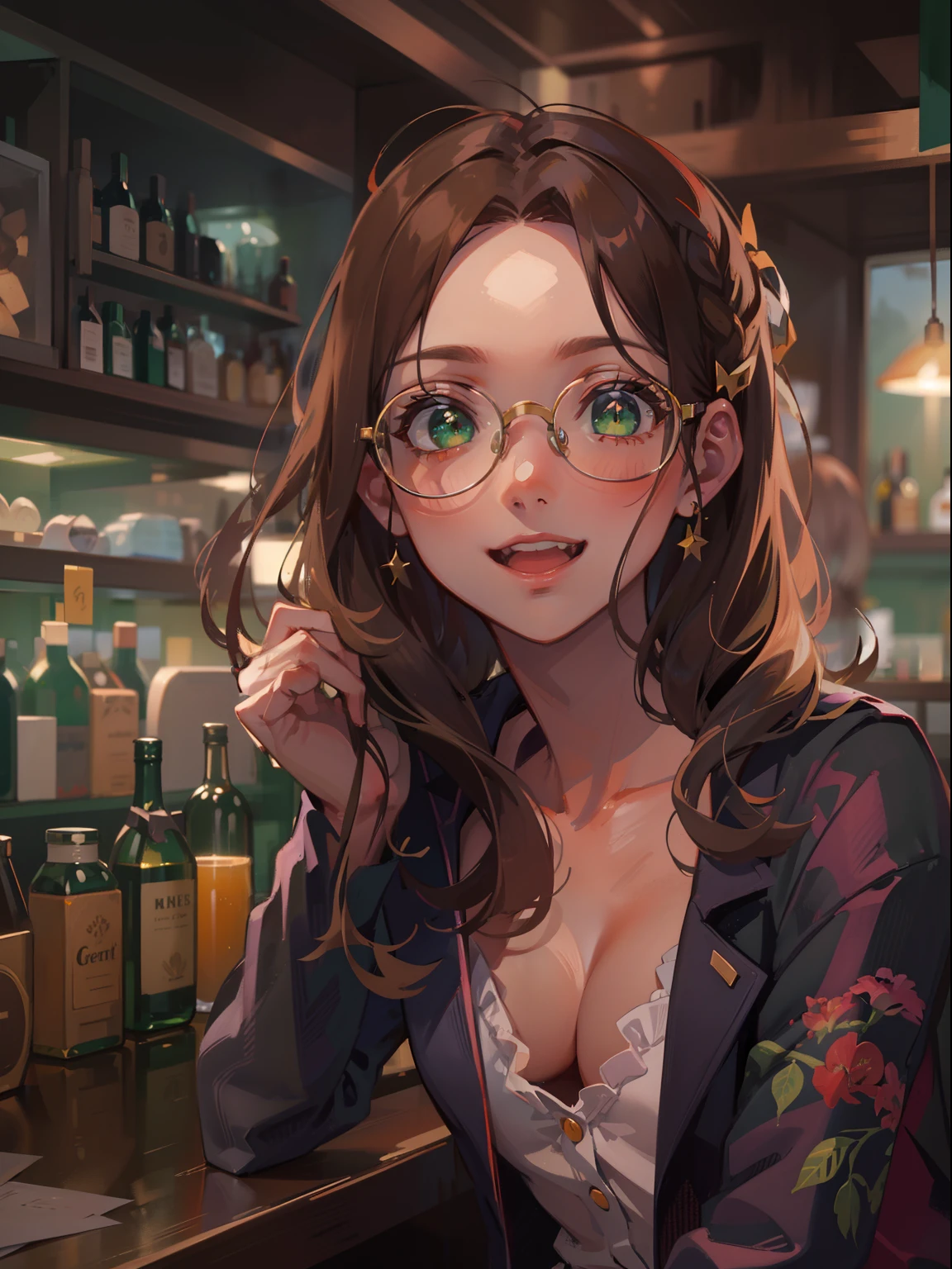 (masterpiece), (best quality), ultra high res, sharp focus, ((1 woman, solo)), (in the bar), (at the night time:1.2), upper body, medium long shot, MLS, beautiful detailed hair, chestnut brown hair, long hair tumbles down, detailed glasses, ((beautiful shape eyes, green eyes)), beautiful detailed face, perfect feminine face, comfortable face, look at the viewer, smiles --style raw