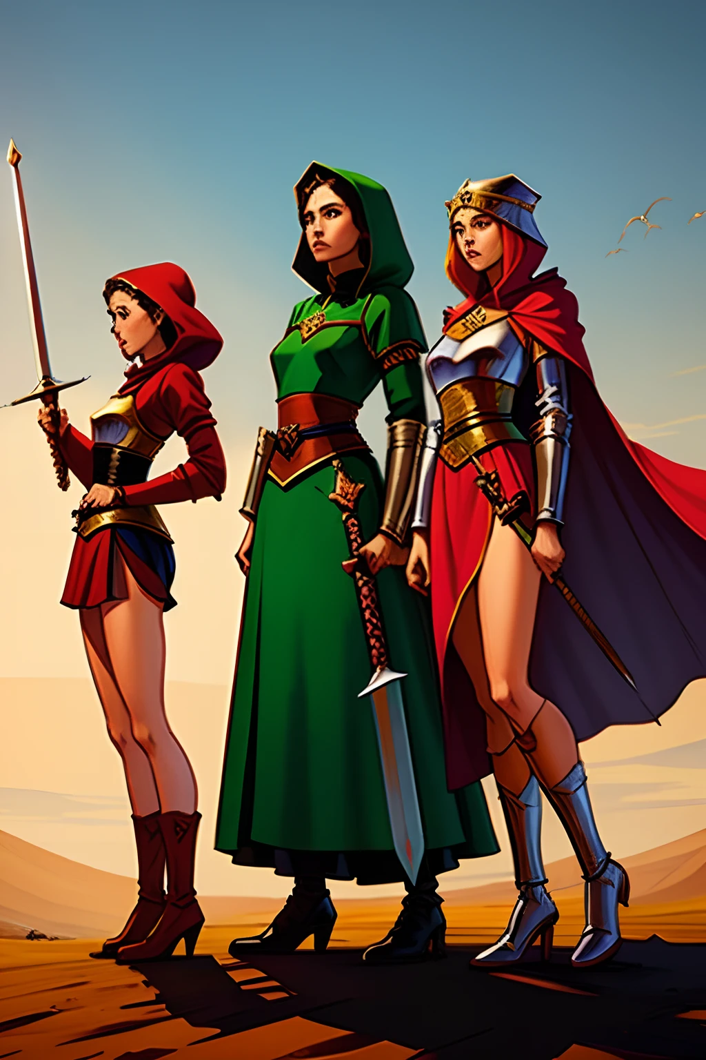 three women, princesses, hood, sword, cinematic, dramatic, medieval, fantasy, perfect composition