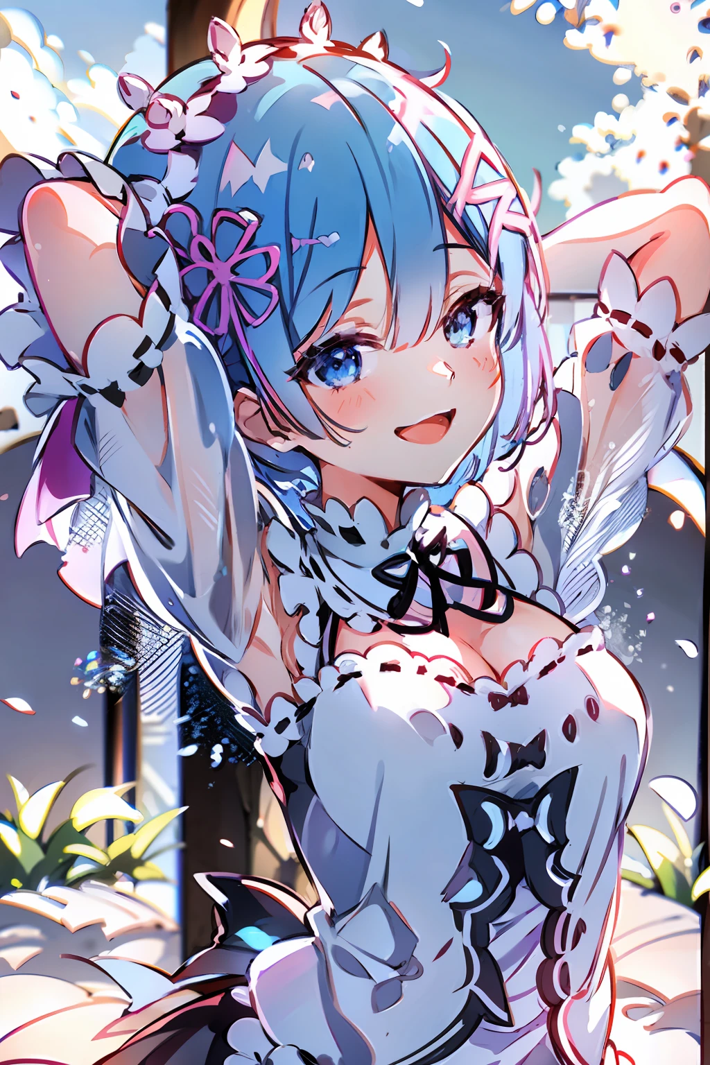 (highly detailed:1.3), Rem Re:zero, blue hair, short hair
1girl, solo,
horb, (light smile:1.2), arms behind head, wariza,
Ultra-detail, (highres:1.1), best quality, (masterpiece:1.3), cinematic lighting,