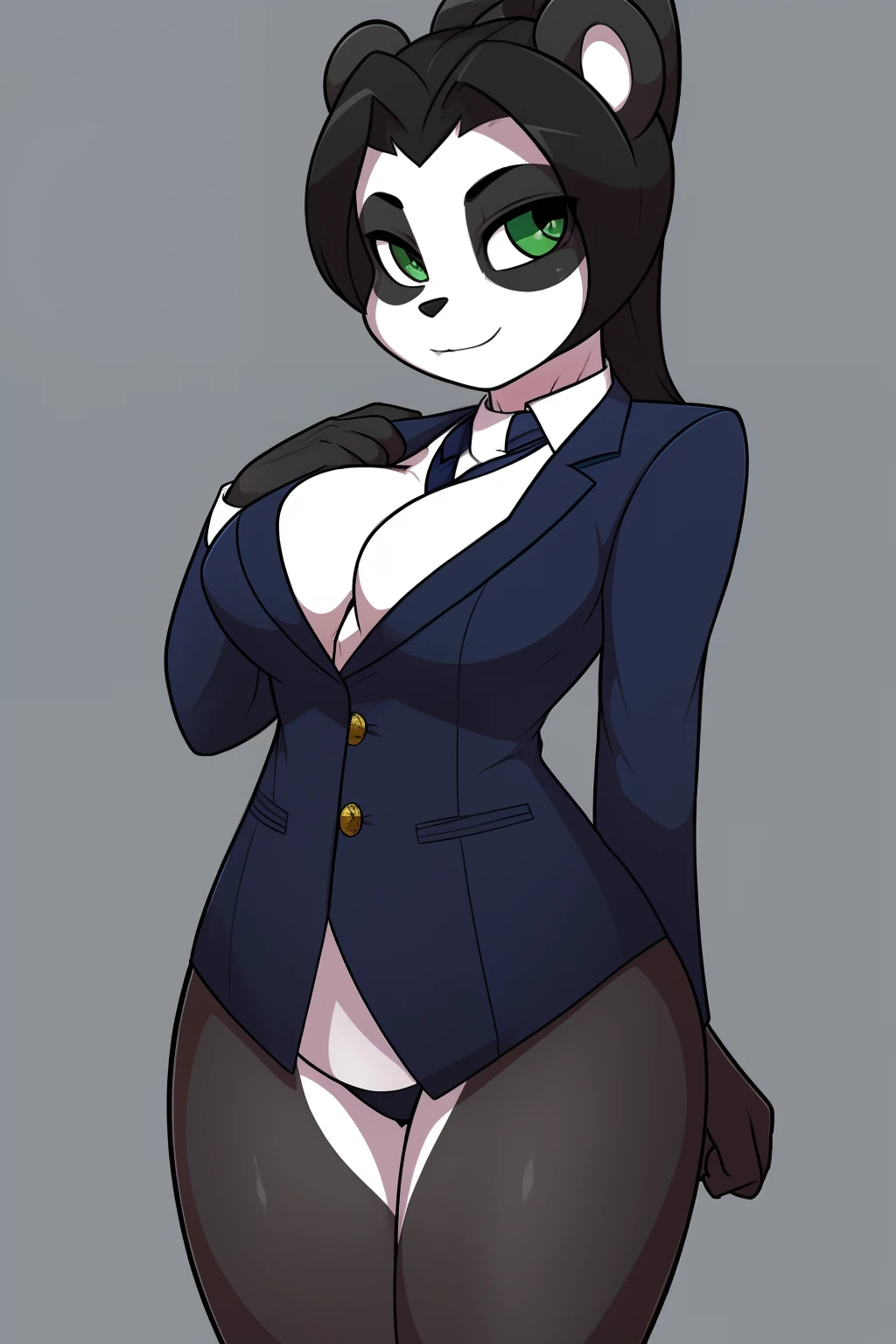 (LiLiStormstout:0.8), green eyes, black and white fur, anthro panda girl, pinup, happy, smile, (business suit, suit, business, formal, profetional:1.3), wide hips, thin waist, athletic, flat stomach, lean, huge breasts, by Pino Daeni, by Ruan Jia, by Shiitakemeshi, by Alayna Lemmer, by Carlo Galli Bibiena