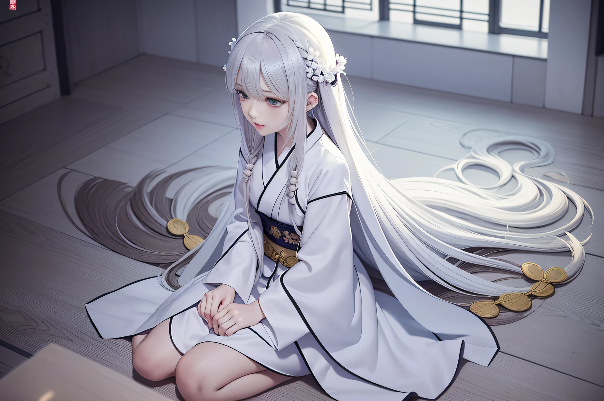brunette color hair,Locked up in prison,Bruises , A girl in Hanfu, Guviz-style artwork, White Hanfu, Guviz, flowing hair and long robes, by Yang J, Hanfu, Anime girl with long hair, trending on cgstation, style of anime4 K, Beautiful anime girl