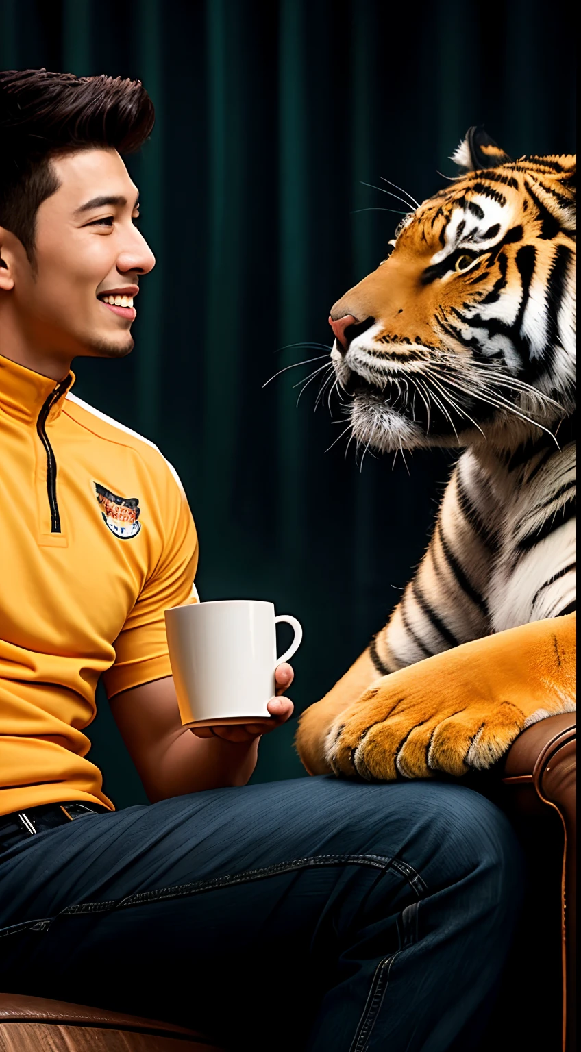 three men in yellow jersey with tiger logo sitting on a couch with a tiger behind them while drinking coffee and cheering watching television, cyberpunk theme, holding cup of coffee, tigers, tiger_beast, malaysian, actor, fattah amin and farid kami, zizan razak , tiger, backdrop, movie promotional image, jason chan and gilles beloeil, the tiger is smiling, transparent background, damien lim, 🦑 design, asia, majestic masterpiece,