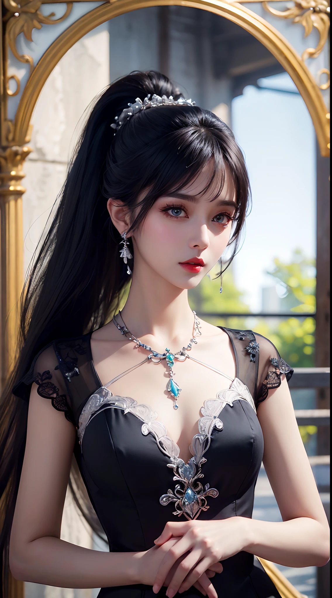 8K ultra hd, masterpiece, best quality, a beautiful girl, long hair, impressive hairstyle, royal hair jewelry, pretty cute face, flawless face, jewellery earrings, antique jewellery, details eyes, beautiful eyes, meticulous makeup, thin eyebrows, beautiful red lips, medium breasts, black mesh socks, thin black silk shirt with many white motifs, white lace shirt, long bangs and a long platinum black ponytail, realistic colors, magic effects, Ancient hanfu background, whole body capture,