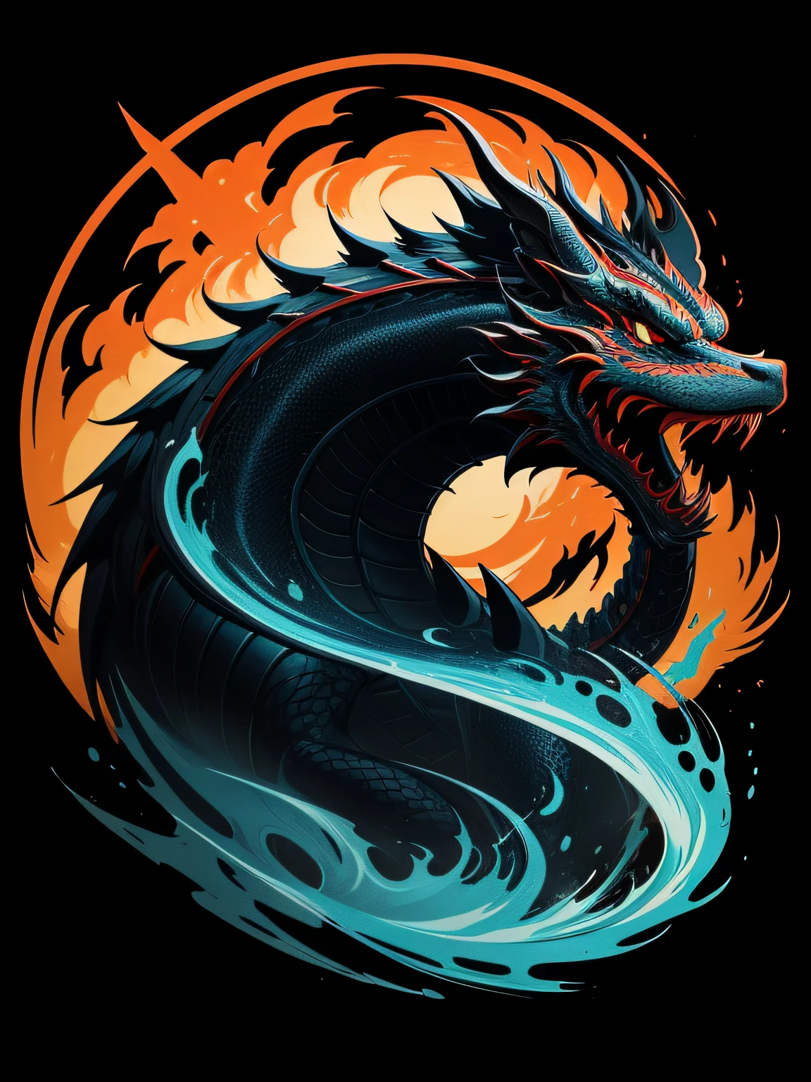 [chinese dragon] Heraldic silhouette, logo masking style illustration, by dan mumford, by greg rutkowski, by james jean, black background, mysterious, fantasy art, realistic, majestic, rich vibrant colors, high contrast, seamless water brand, artstation, deviantart, dribble, redbubble, teepublic, sharp focus, simple, hyper detailed, detailed drawing, vectorize, outline, isometric style, 8k."