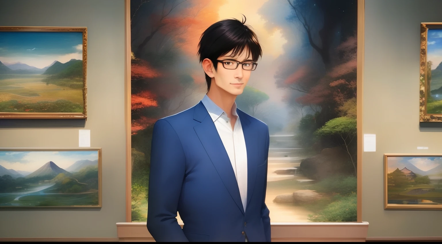 A handsome portrait of a Chinese male with pale skin, round-rimmed glasses, blue clothes, no beard, cultured man --auto --s2