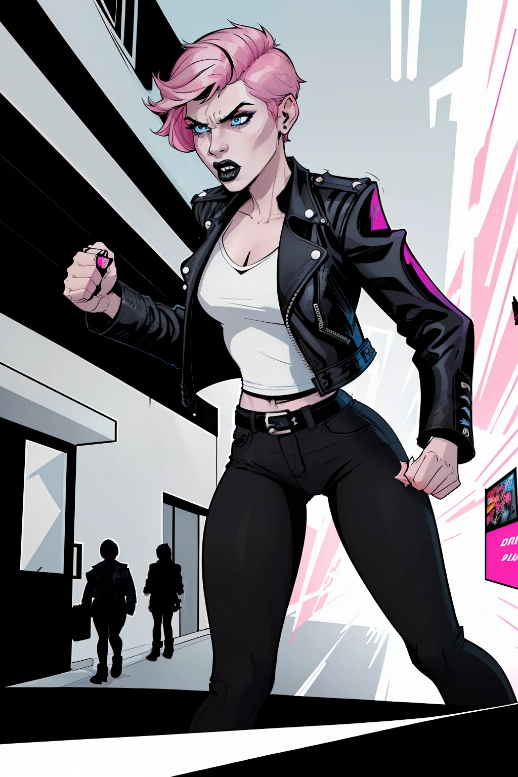 woman, punching the veiwer, day time, street, pale blue eyes, detailed short pink hair Short Side Comb haircut, angry expression, black lipstick, small tits, wearing a leather jacket, black shirt, black pants, comic book style, flat shaded, prominent comic book outline linework