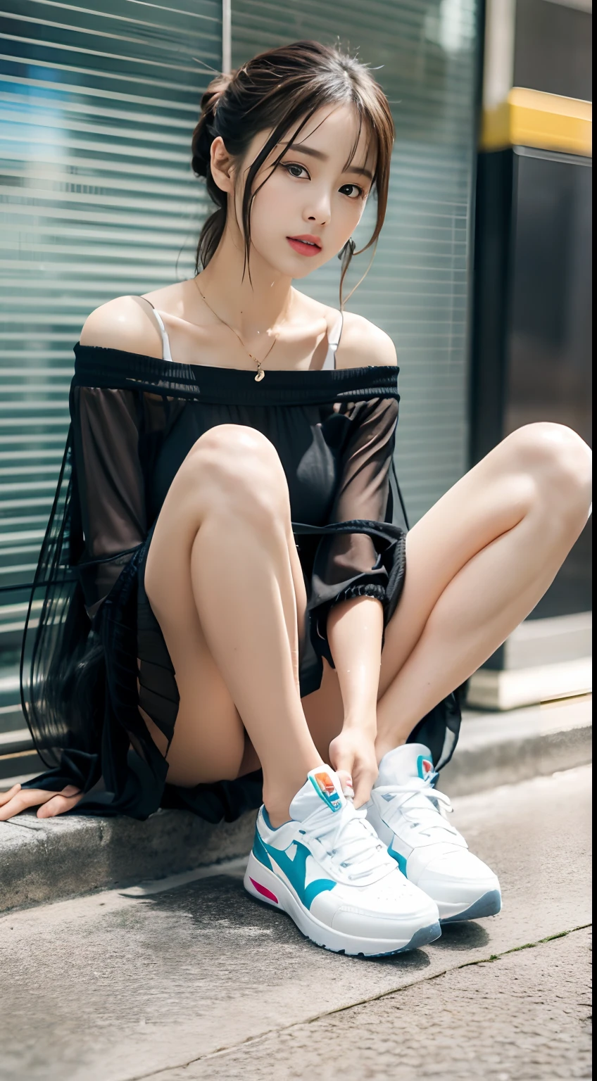 ((Best picture quality, 8K, tmasterpiece:1.3)), 1girll, Casual hairstyle, (off-shoulder blouse,Short pleated skirt:1.3),(wet see through clothes:1.4),Ultra-fine face, A detailed eye, 二重まぶた,(long leges:1.4),(athletic sneakers:1.3)Erlang legs,Sit sideways on a high platform