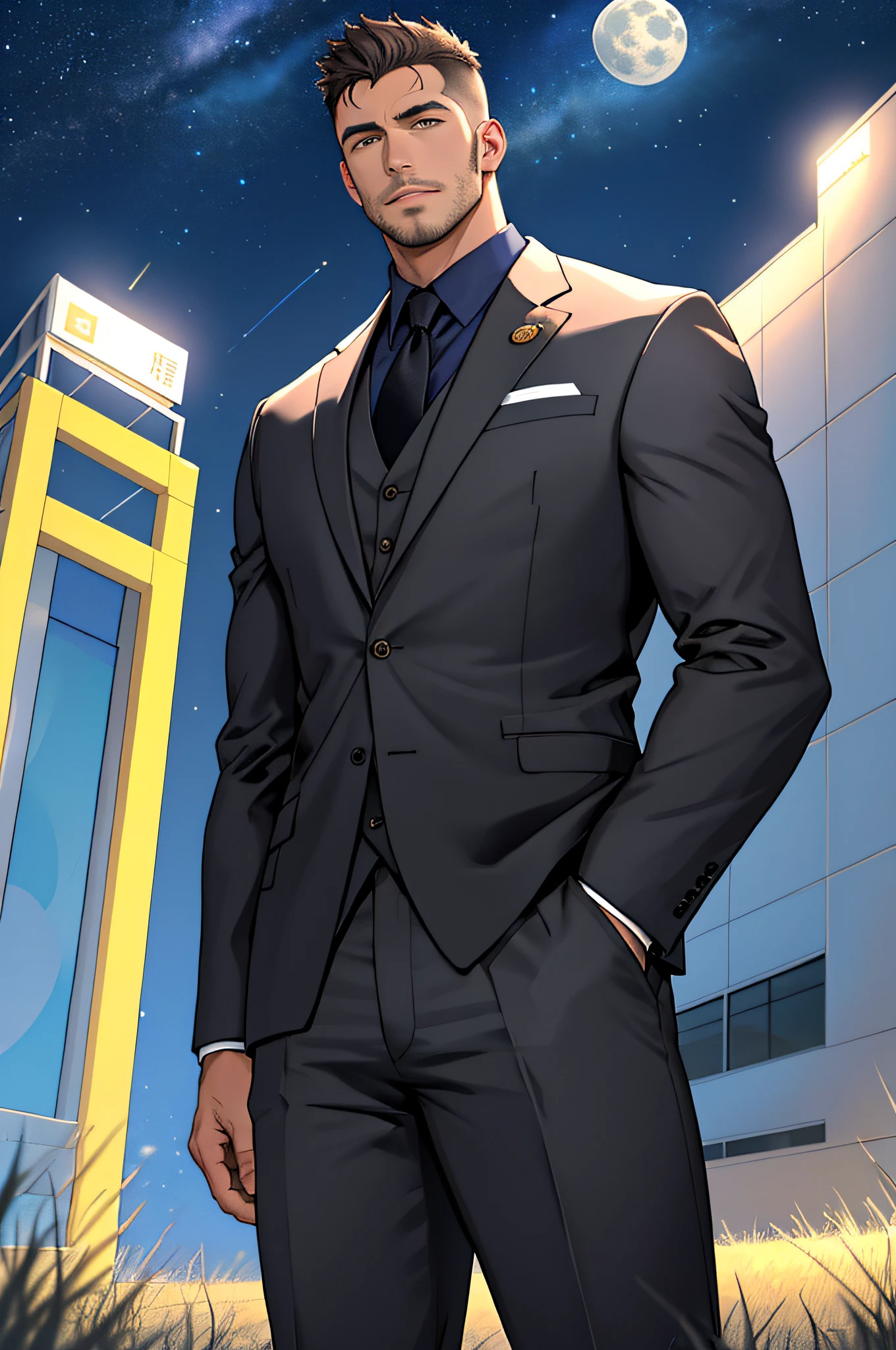 Draw a full-fledged footballer,Standing on the steppe at night,Quiet and comfortable background,He wears the same suit as the country's president,The suit fits perfectly,Handsome face,eyes with brightness,The man looks confident and determined,looking-down,Crew cut,full bodyesbian,Stars dot the sky,shooting from below,Big moon highlights background